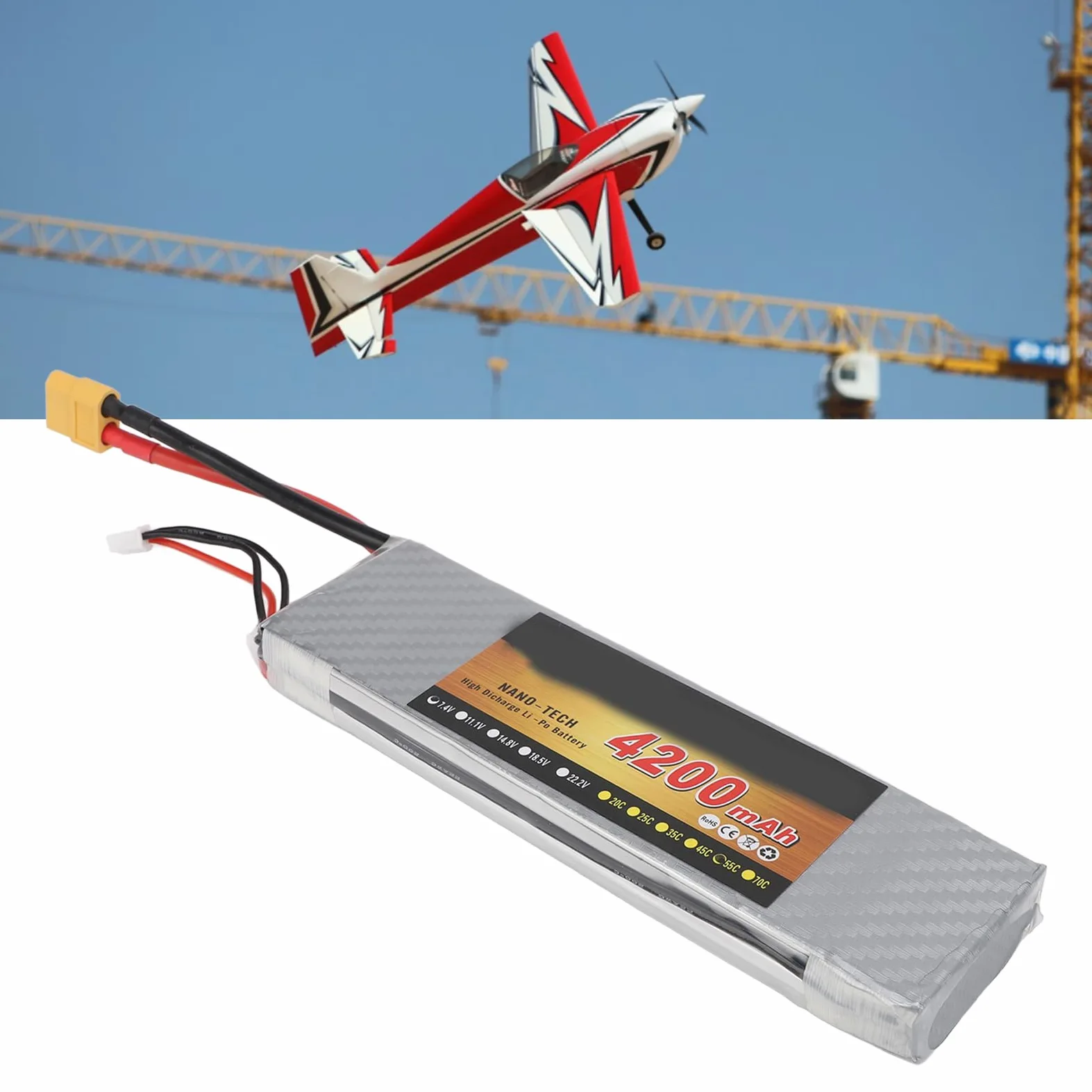 Batteria al litio RC, realizzata con custodia rigida, 7,4 V 2S 4200 MAH 55 C Lipo Batteria per RC Auto Aereo Elicottero Drone Usw