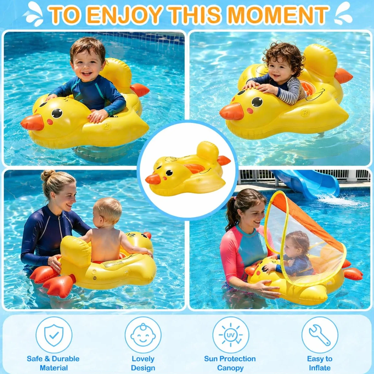 Qingning Galleggiante Neonato con Parasole Rimovibile, Anatra Salvagente Gonfiabile con Sedile di Sicurezza per Bambini, Galleggianti da Piscina Baby con Protezione Solare, Salvagente per Neonati