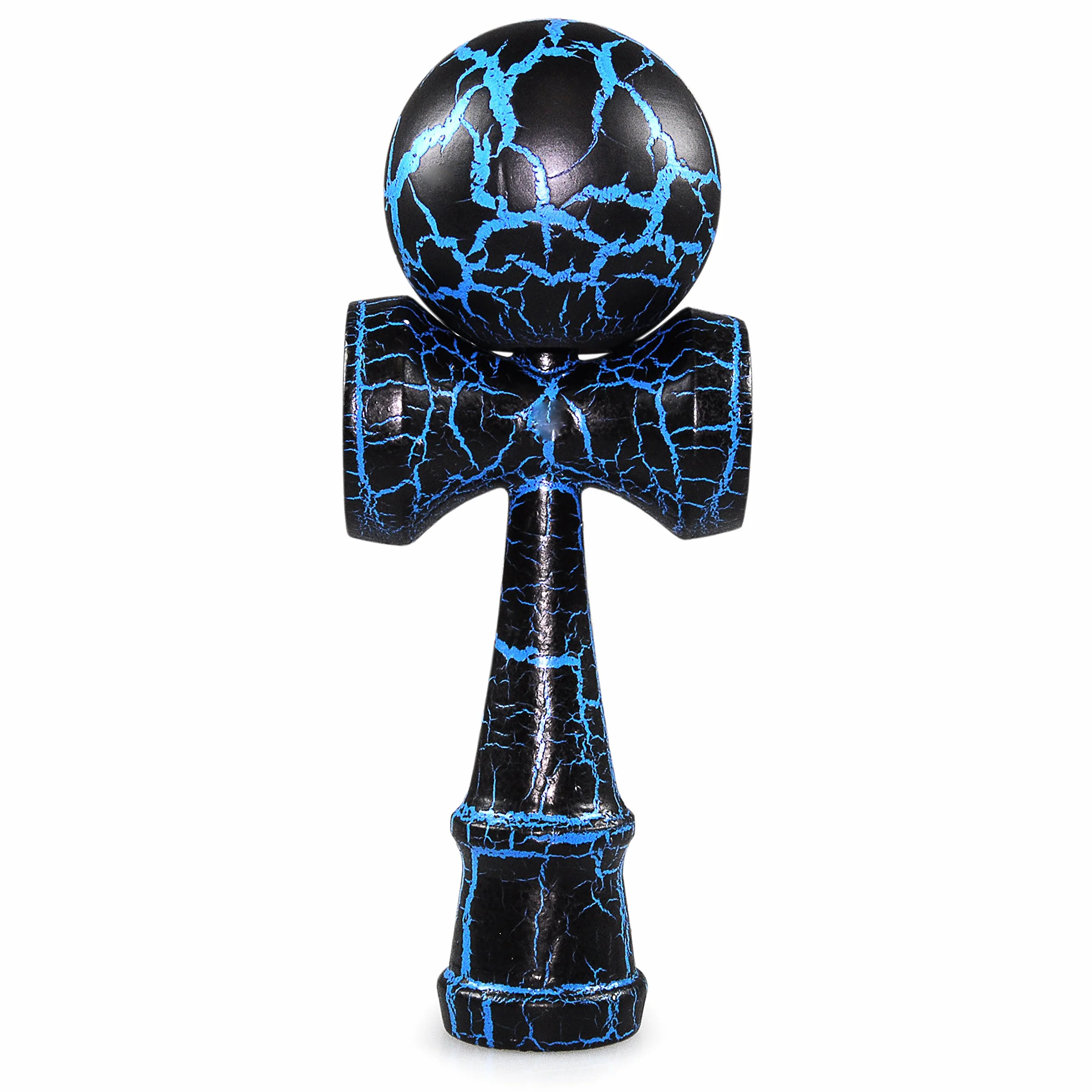 Ganzoo kendama tradizionale giapponese in legno di faggio blu e nero, con palla forata 6 cm collegata da corda nylon resistente, impugnatura ergonomica con 3 coppette standard e puntale, altezza 16 cm