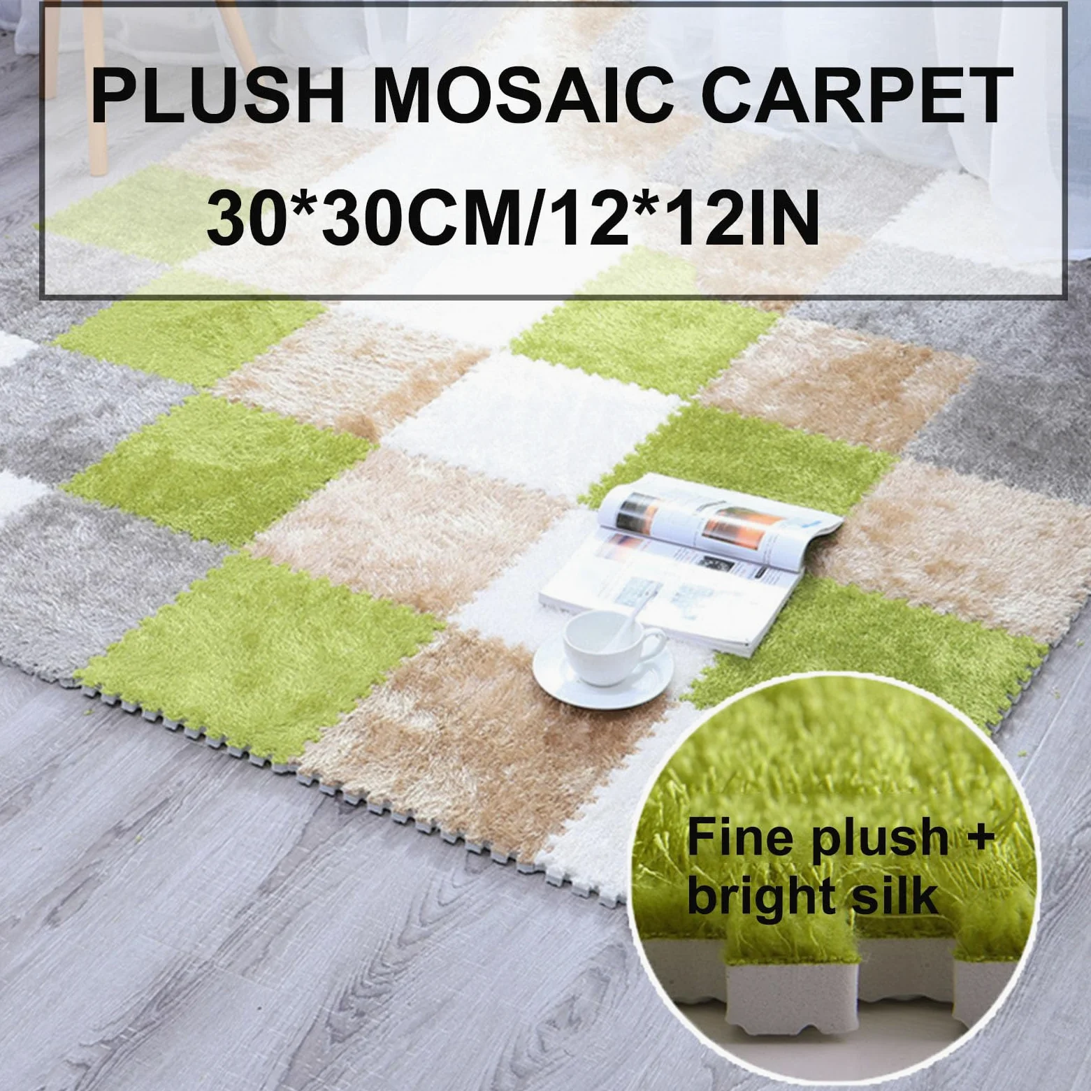 Splice Interlocking Carpet Interlocking Tappetino Antiscivolo in Schiuma di Peluche, 12 Pezzi, Tappeto da Arrampicata Quadrato, tappeti Quadrati in Schiuma di Peluche,Gray+White-One Size