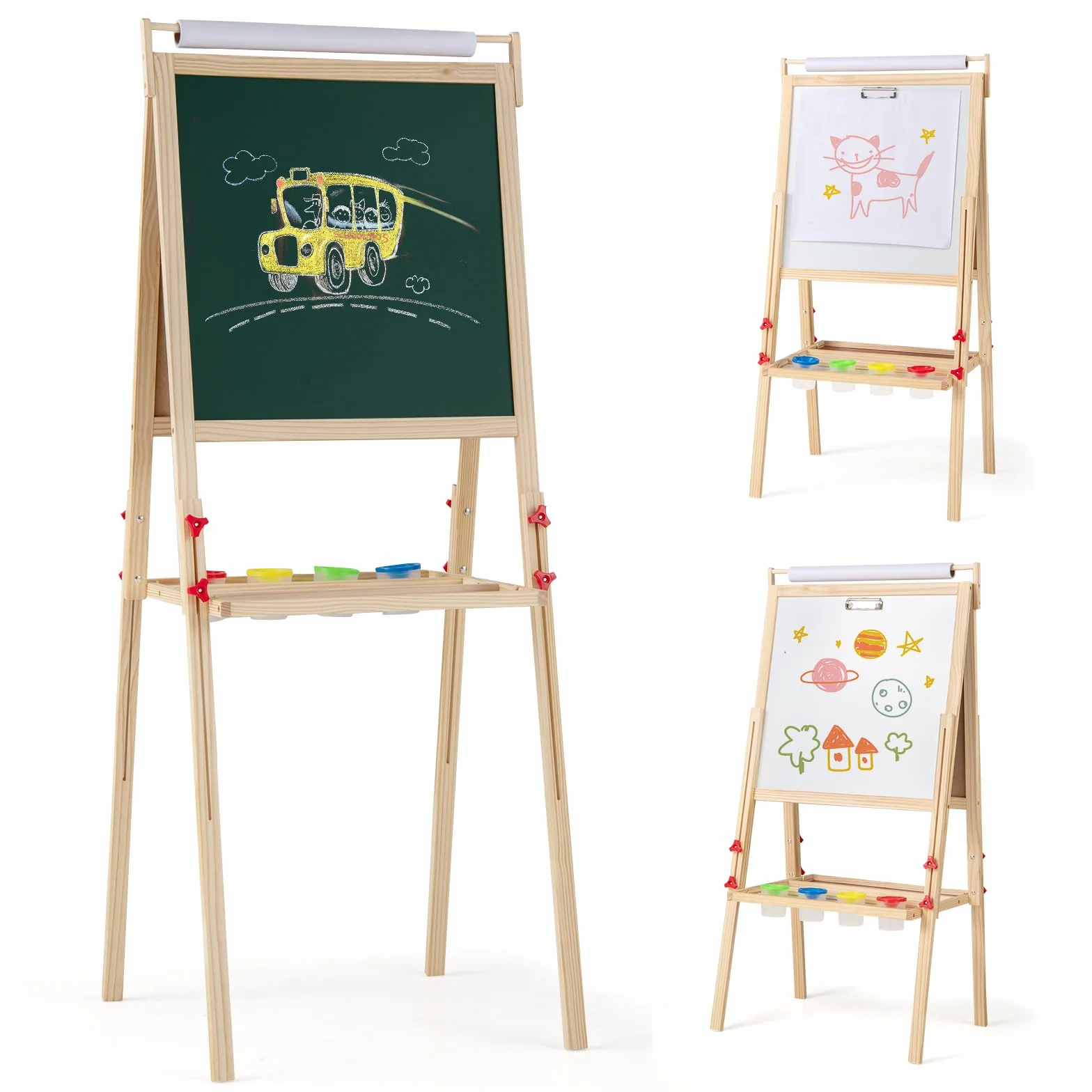 COSTWAY 3 in 1 Cavalletto per Bambini, Cavalletto Doppia Faccia Regolabile con Lavagna Magnetica e Bianca, Rotolo di Carta, 4 Bicchieri per Vernice e Vassoio per Stoccaggio, per Bambini 3-10 Anni
