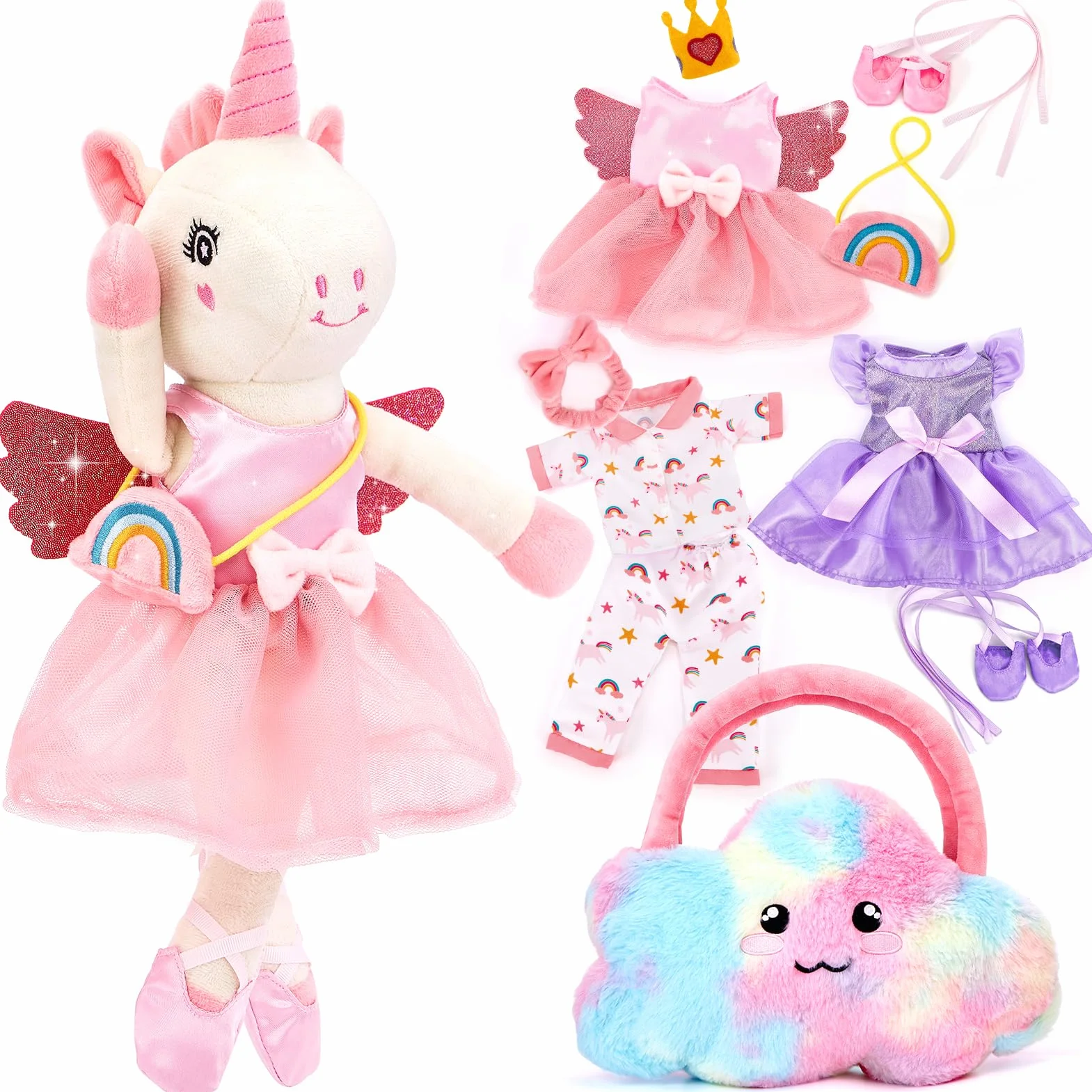hahaland Regalo Bambina 3-6 Anni, 10 PCS Set di Unicorno Bambina Regalo con Unicorno Peluche, Borsa e 3 Abiti, Vestire la Bambola Giochi Bimba 3 4 5 6 Anni Femmina