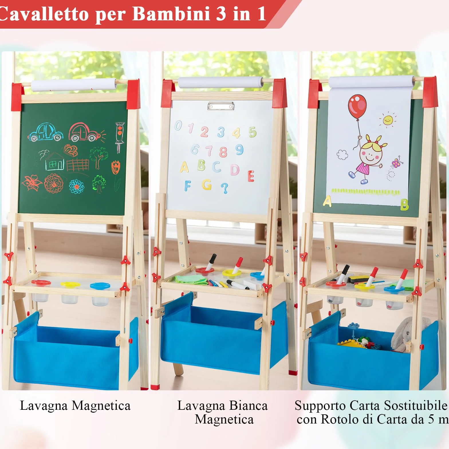 RELAX4LIFE Cavalletto per Bambini Regolabile in Altezza Legno Doppia Faccia Lavagna Magnetica Bianca Rotolo Carta Accessori Pittura