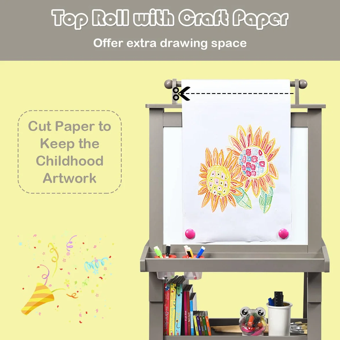 LIFEZEAL 3 in 1 - Lavagna per bambini, doppio lato, bianco e nero, cavalletto per bambini 3+ anni, con 2 scatole di immagazzinaggio, 2 ripiani, giocattolo educativo (grigio)