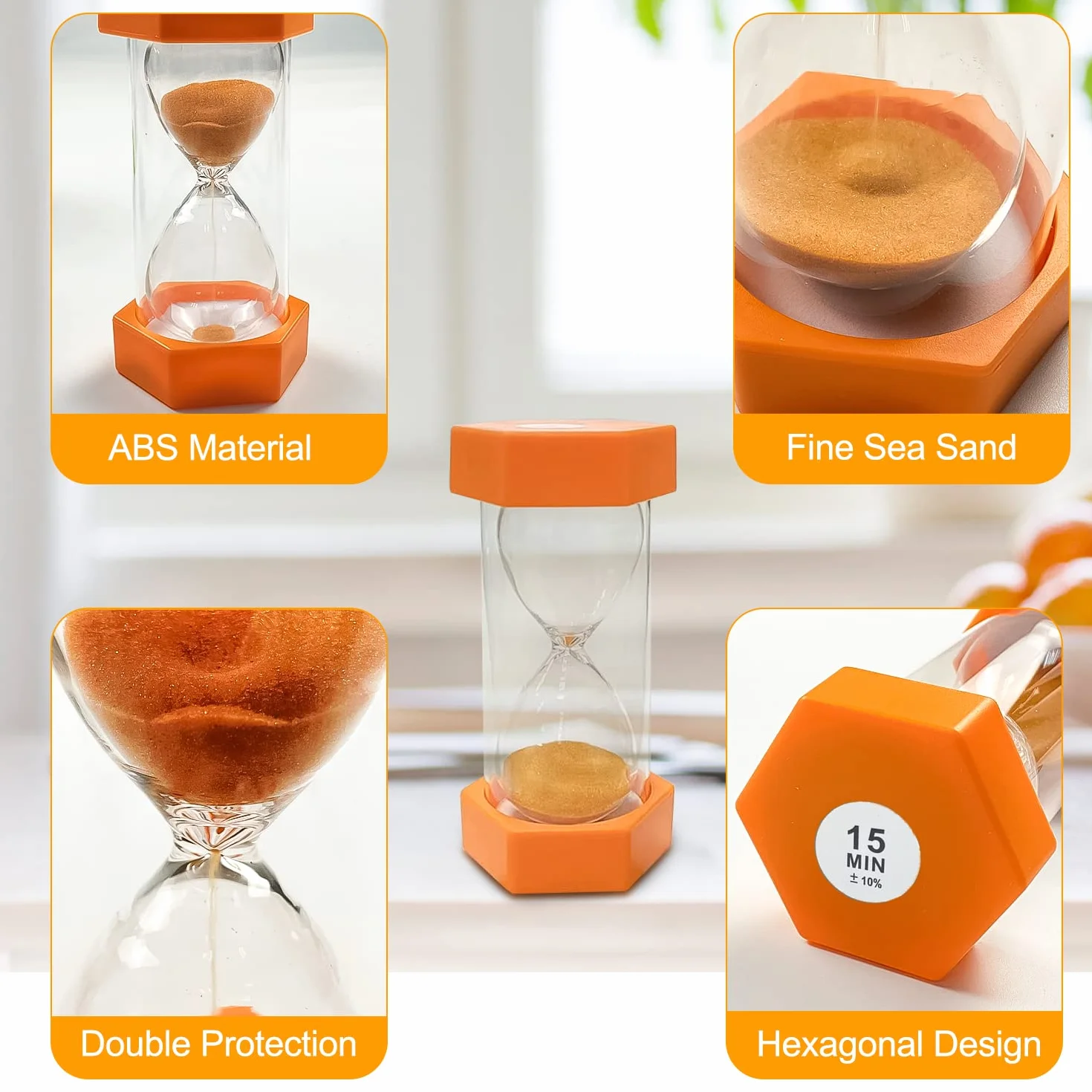 Clessidra con sabbia, timer per bambini, timer da cucina, decorazione per la gestione del tempo, clessidre colorate, perfetto in casa, classe, cucina, ufficio, giochi, 15 minuti, arancione