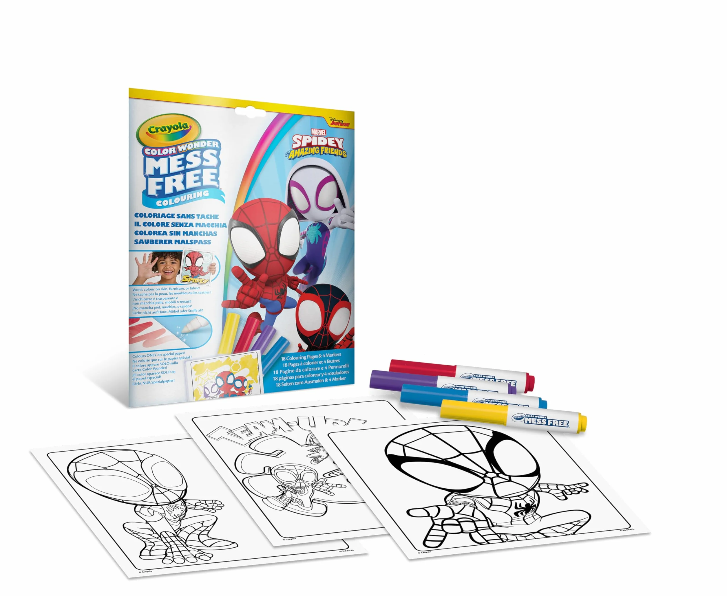 CRAYOLA Color Wonder Spidey Coloring Set 18 Pagine 4 Pennarelli Senza Macchia Attività Creativa Bambini 3-5 Anni
