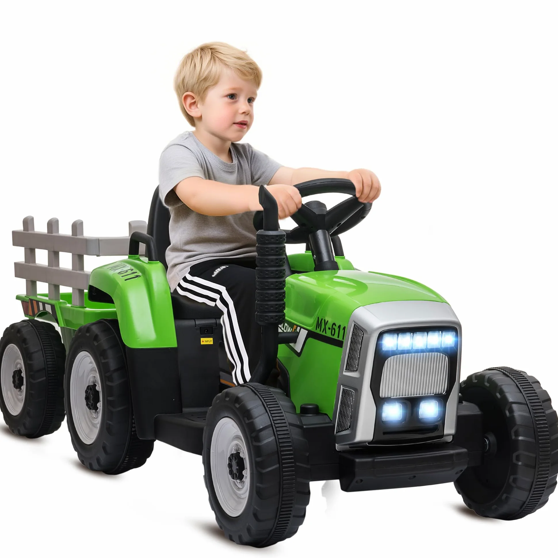 HOMCOM Trattore Elettrico per Bambini Rimorchio Rimovibile 3-6 Anni Verde | Batteria 12V Ricaricabile con Telecomando, Porta USB, Musica Preinstallata e Luci