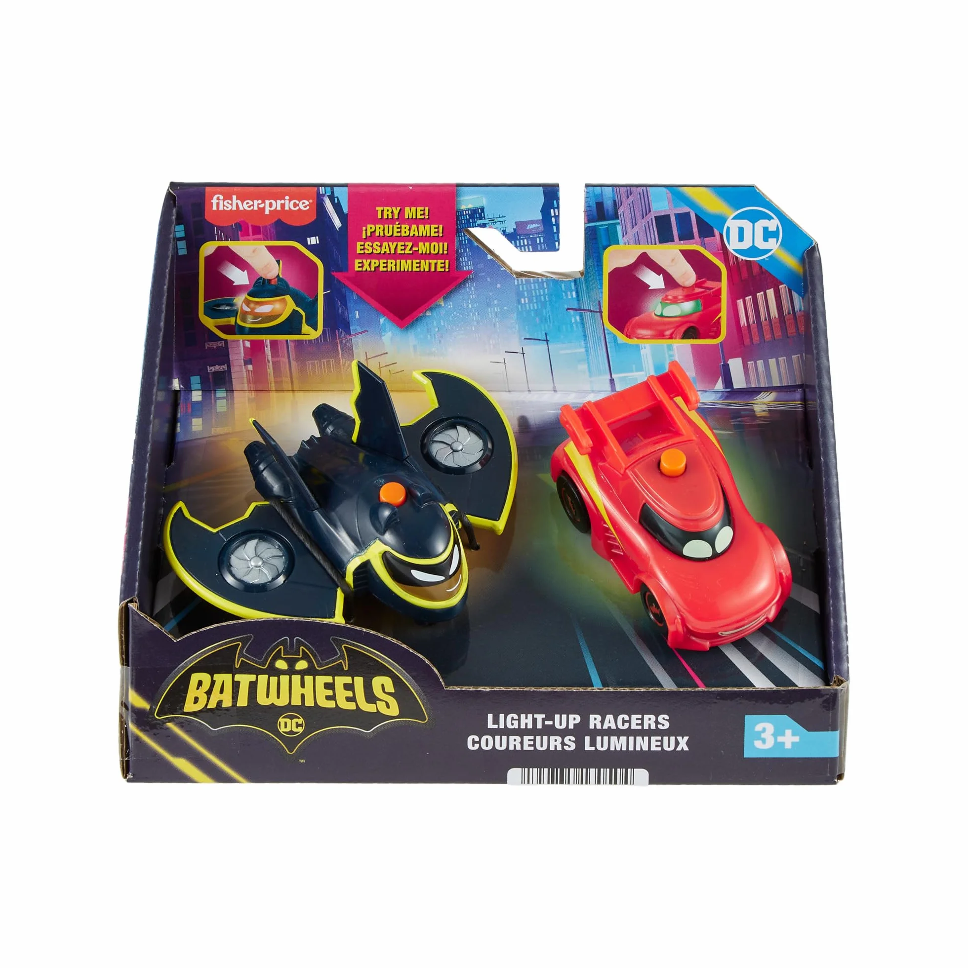 Fisher-Price DC Batwheels - Set da 2 macchinine luminose in scala 1:55, include Redbird e Batwing, veicoli a pile con effetti luminosi, giocattolo per bambini, 3+ anni, HML26