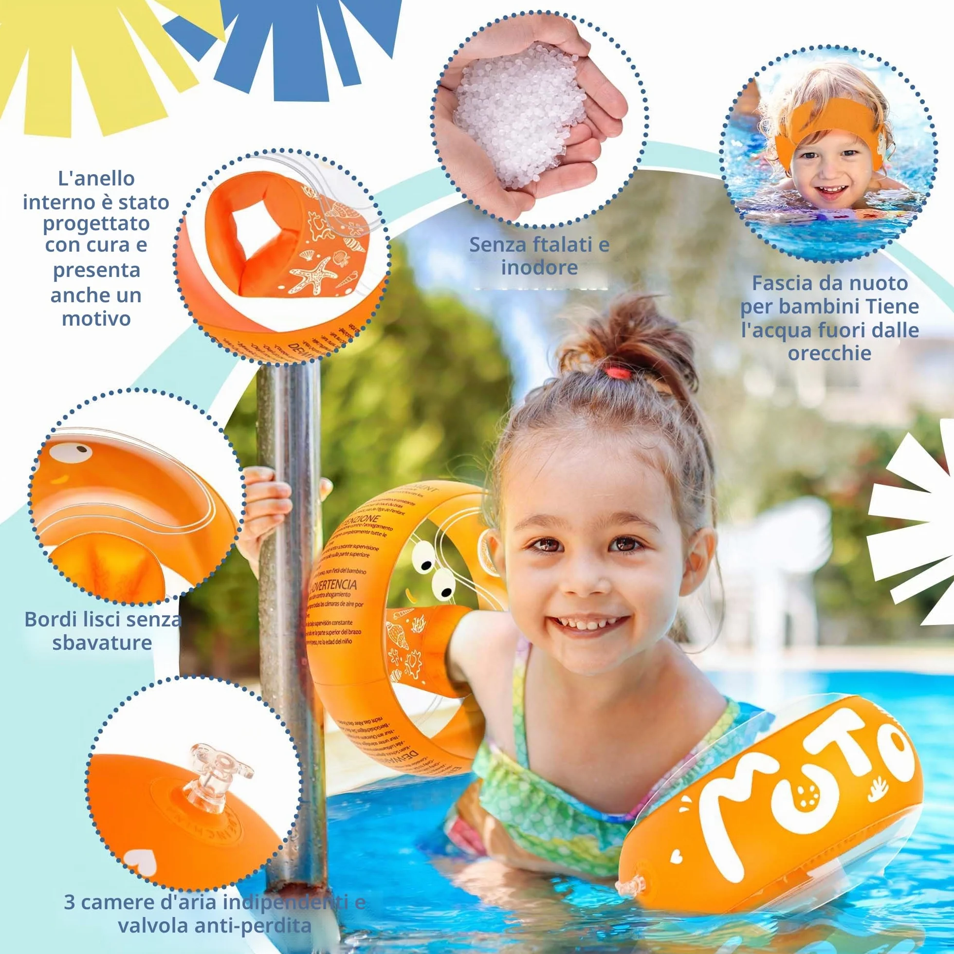 Braccioli Bambini con Fascia Protettiva per Orecchie, Braccioli di Sicurezza per Bambini 1-6 Anni, 3 Camere D'aria Indipendenti, Design Trasparente, Braccioli Gonfiabile per Piscina, Spiaggia