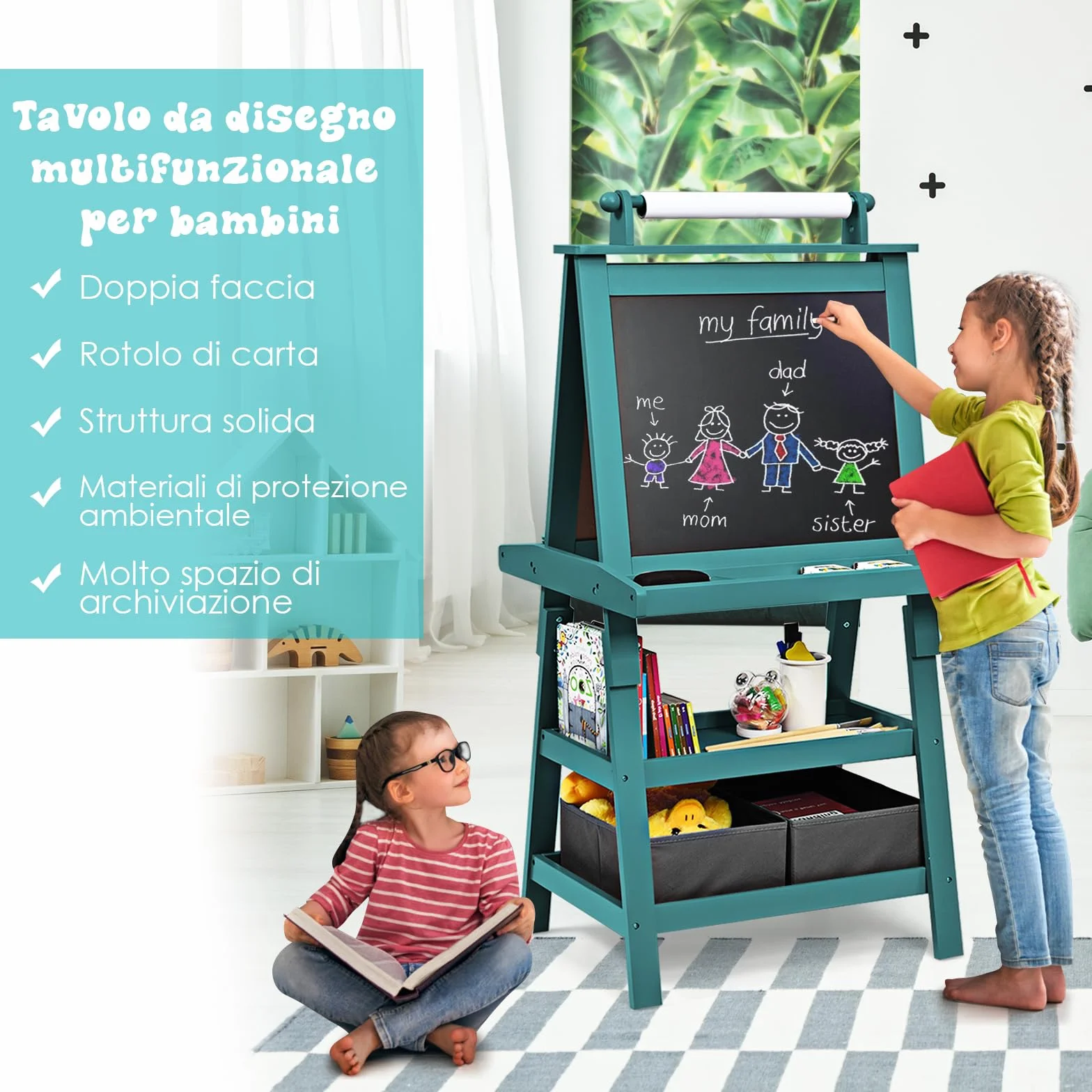 RELAX4LIFE 3 in 1 Lavagna per Bambini, Cavalletto Pittura Doppia Faccia Magnetica con Rotolo di Carta, Giocattolo Educativo 3+ Anni (Blu)