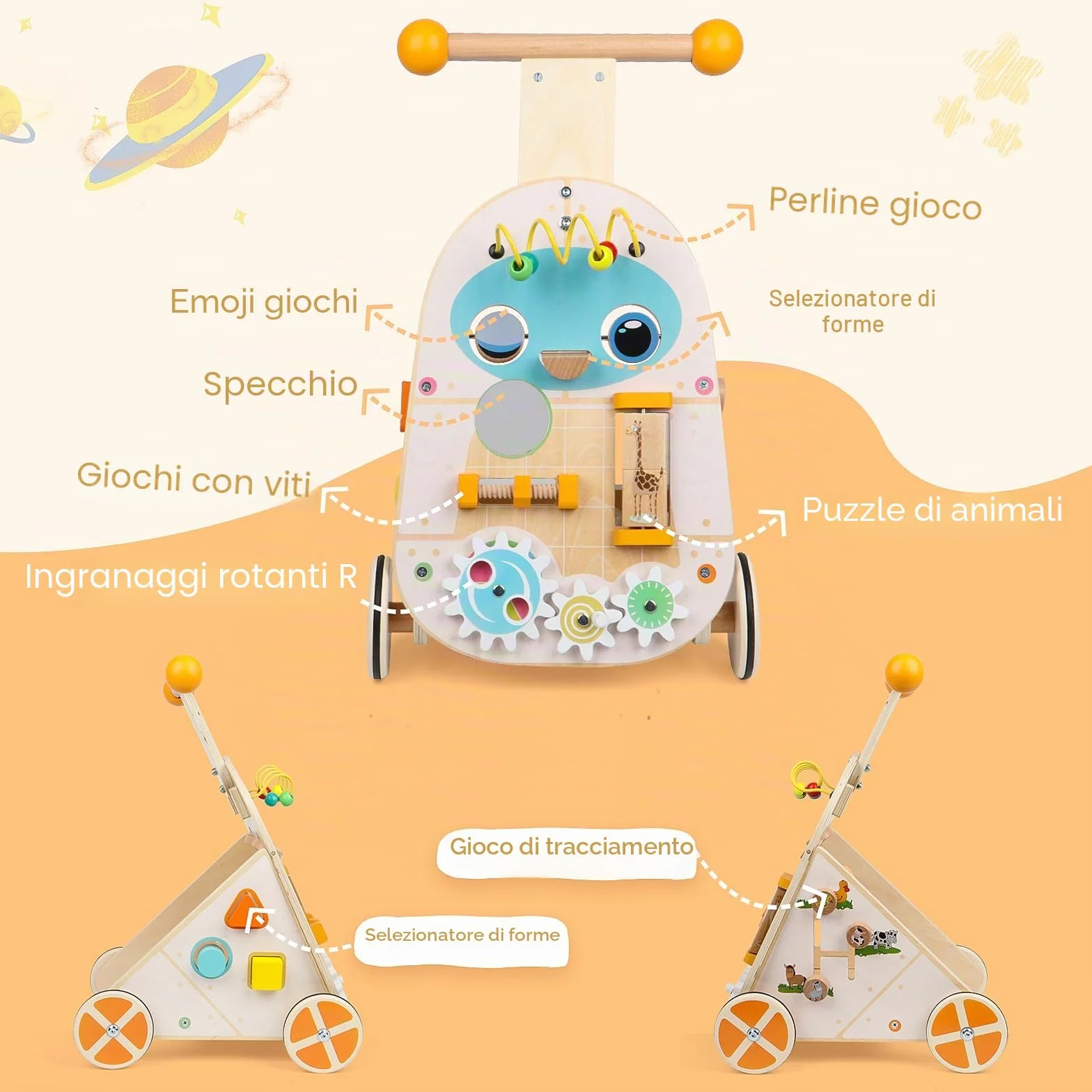 Jacootoys Passeggino di legno per attività, giocattolo per bambini a spinta a velocità regolabile, passeggino di legno da spingere e tirare per bambini, bambine e ragazze di 1, 2 e 3 anni.
