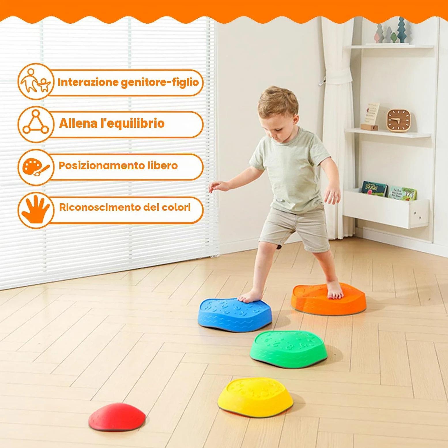 Pietre di Bilanciamento Bambini, 5 Pietre di Equilibrio Antiscivolo Impilabili, Percorsi Sensoriali Bilanciamento Bambini, Giochi Ostacoli per Interni ed Esterni, Promuove l'equilibrio e Coordinazione