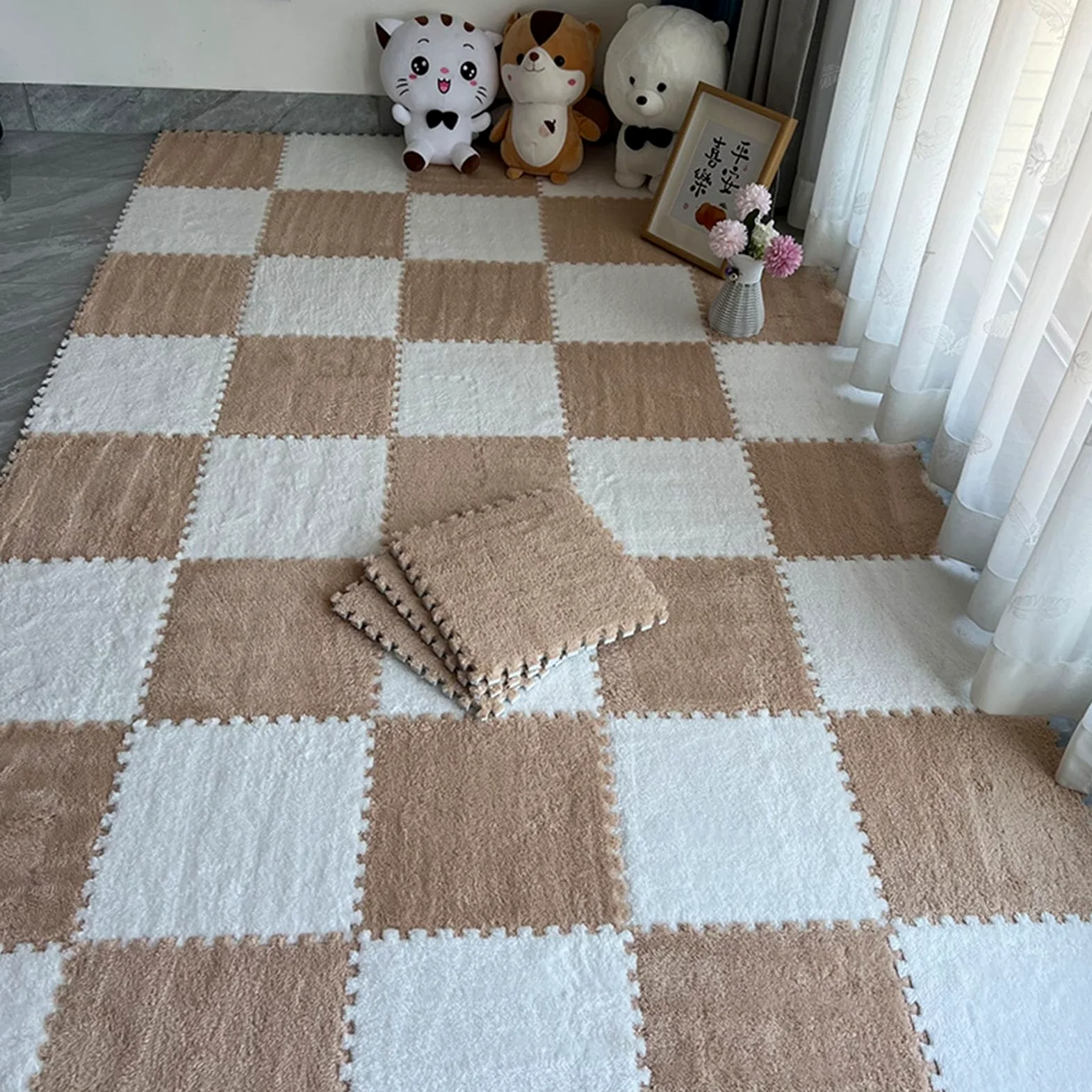 Tappeto ad Incastro Splice, Tappeto ad Incastro in Peluche, 70 Pezzi, Tappeto Quadrato in Peluche, Piccoli tappeti Soffici per la cameretta dei Bambini, Soggiorno, Camera,Light Brown+White