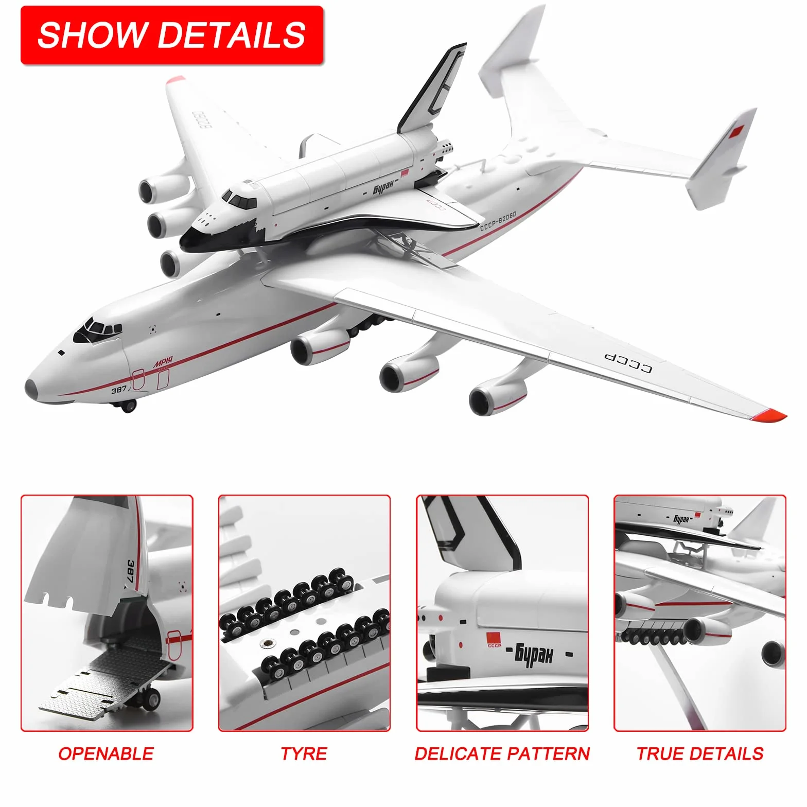 1:200 Scala An-225 ANTONOV Trasporto con Spaceshuttle BURAN Resina Aircraft Diecast Modello per la Collezione