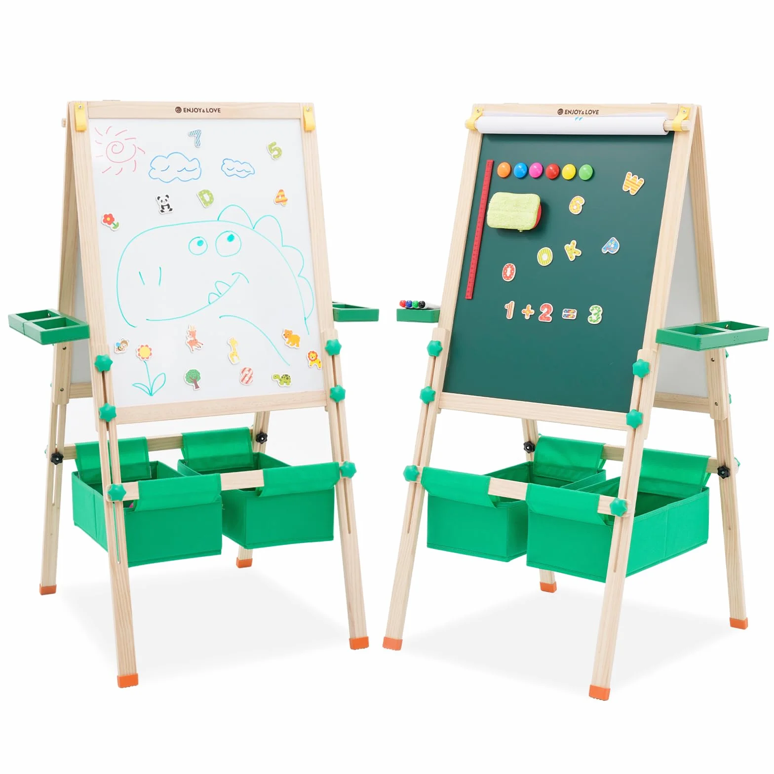 Lavagna Bambini con Cavalletto, Cavalletto in Legno Regolabile in Altezza per Bambini, Lavagna per Bambini a Doppia Faccia con Ripiano Portaoggetti, Rotolo di Carta, Piegabilità