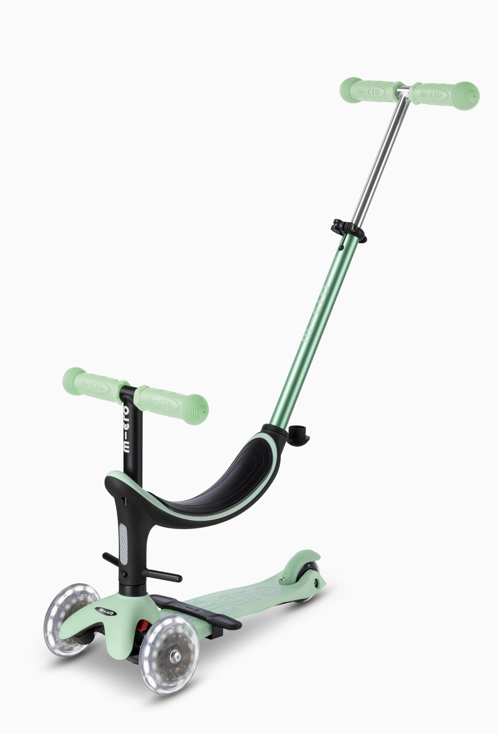 Micro Mini2Grow - Monopattino deluxe a LED per bambini, da 1 a 6 anni, per ragazzi e ragazze, a 3 ruote, sedile regolabile e impugnatura per genitori, ruote LED, limite di peso 50 kg