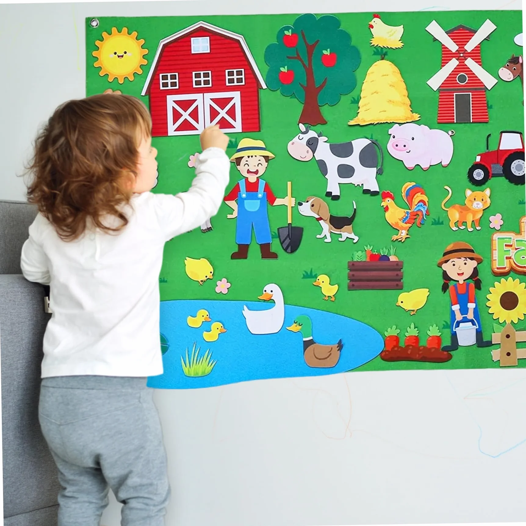 Animali da Fattoria 41x30 Pollici Lavagna in Feltro per apprendimento precoce Lavagna in Feltro interattiva da Appendere alla Parete per Bambini Famiglia Rol di Natale