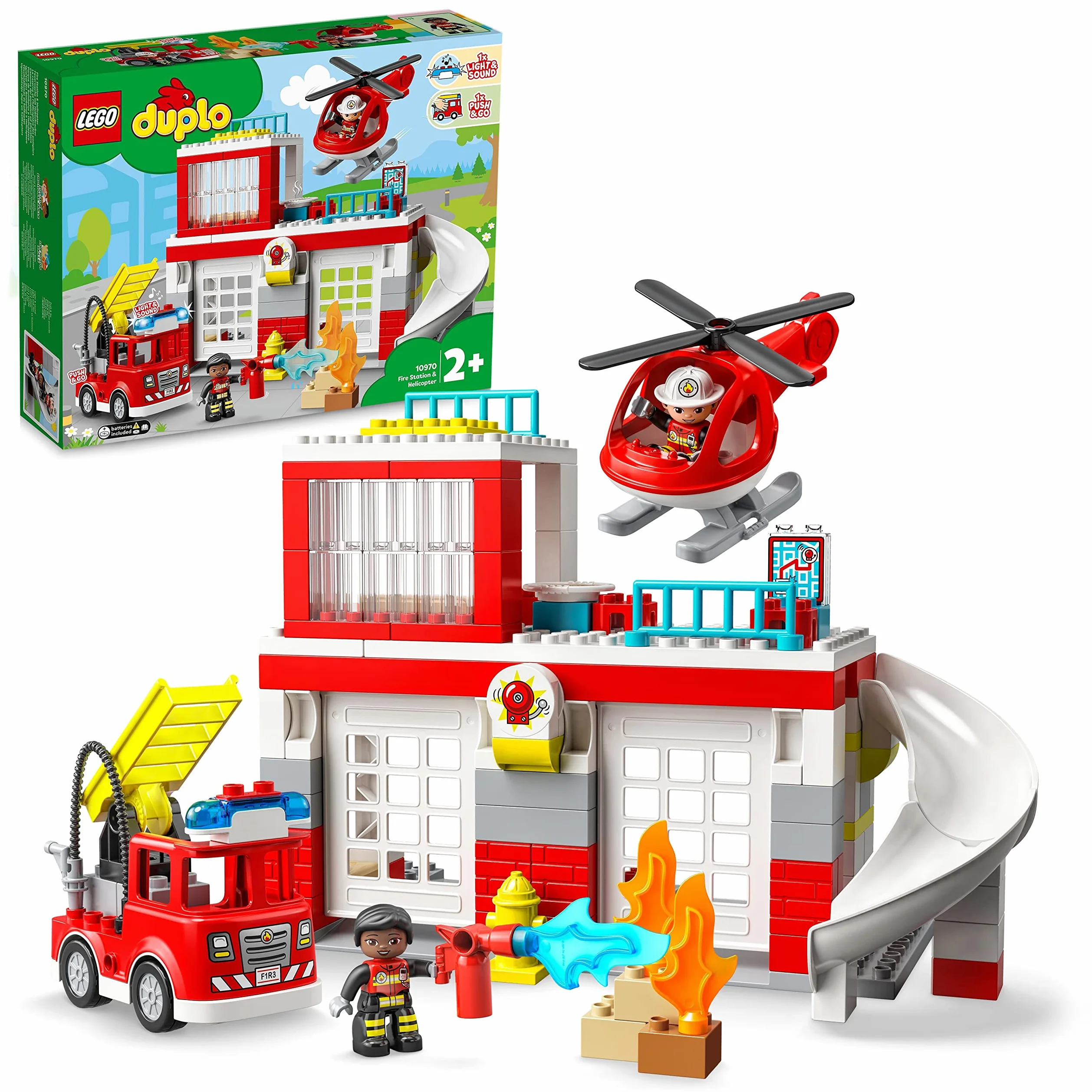 LEGO DUPLO Caserma Dei Pompieri ed Elicottero, Set con Camion Giocattolo dei Vigili del Fuoco e 2 Personaggi, Giochi Educativi per Bambini e Bambine da 2 Anni in su, Idee Regalo Creative 10970