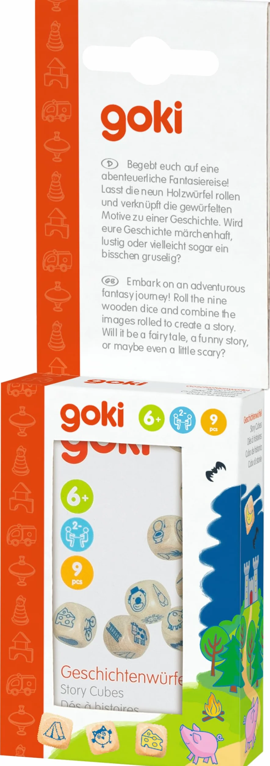 goki 56307 – Cubo di storia in legno in scatola di latta per narrativa creativa e promozione dello sviluppo linguistico, story cubes, infinite possibilità di gioco per bambini, set da 9 pezzi, dai 6