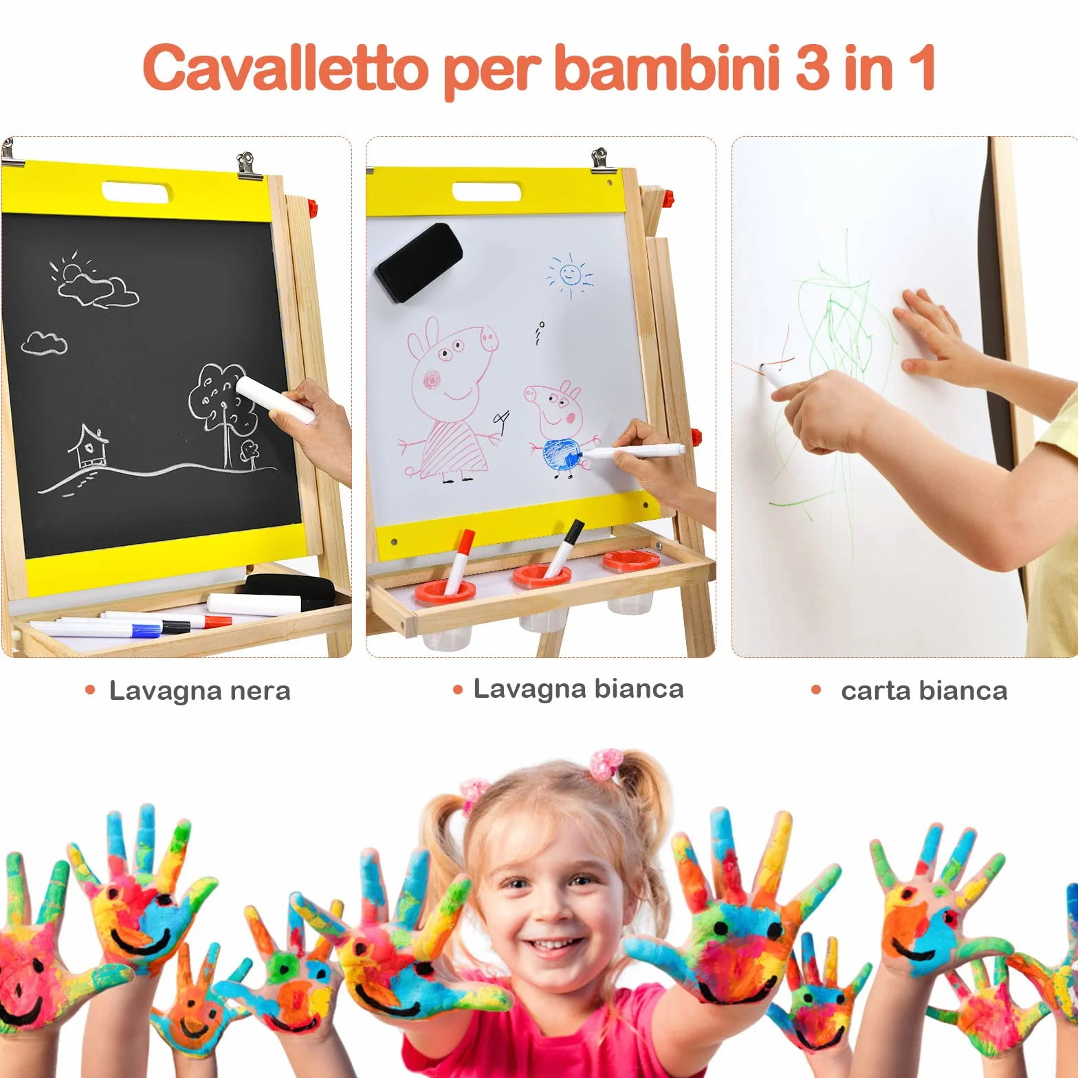 COSTWAY 3 in 1 Lavagna Magnetica per Bambini, Cavalletto da Pittura Pieghevole con Accessori, Altezza Regolabile e Bifacciale, con Vassoio, 50,5x53,5x79-104cm (Giallo)