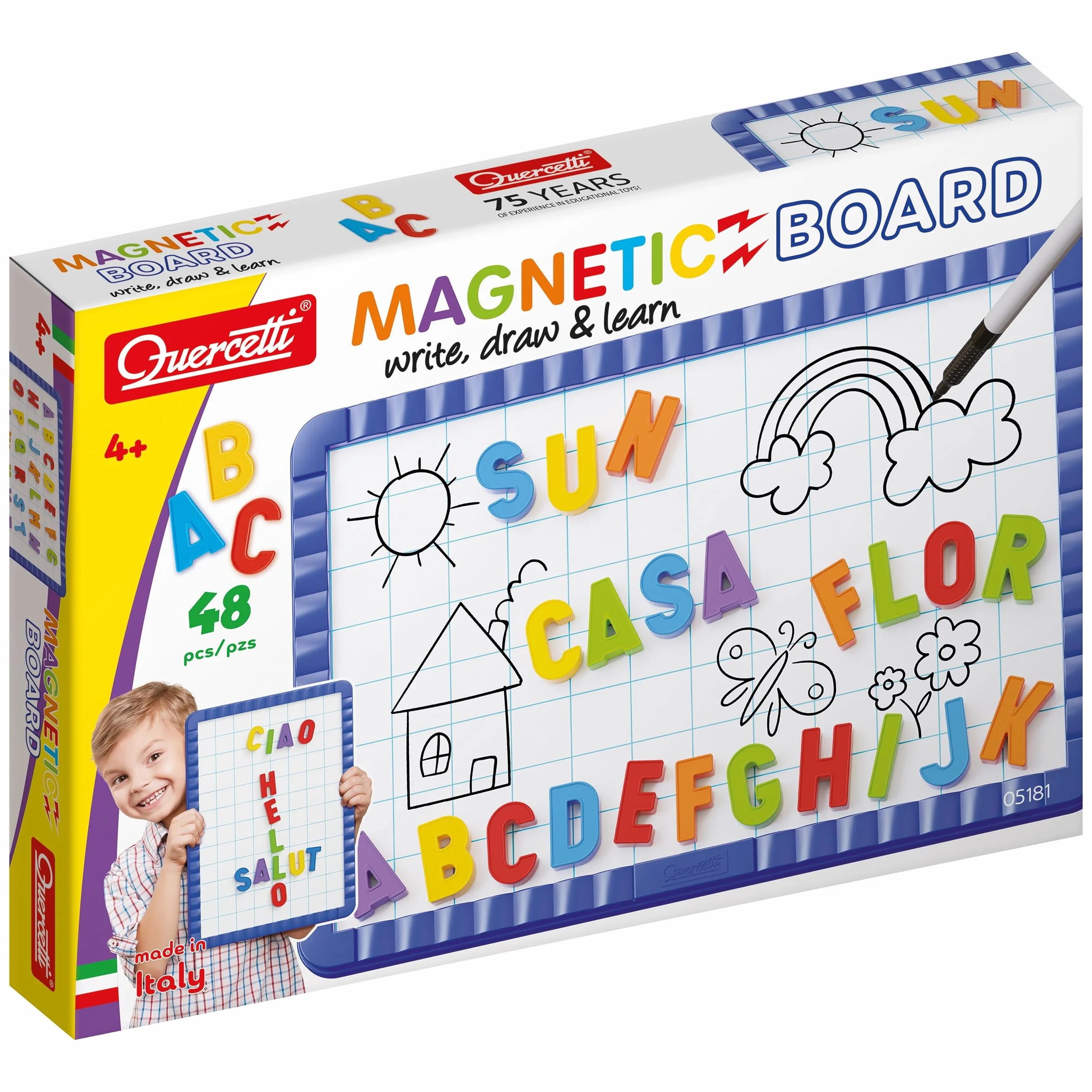 Quercetti Magnetino Letters Basic, Lavagna Magnetica con 48 Lettere Magnetiche per Bambini, Gioco Educativo 4 Anni, Made in Italy