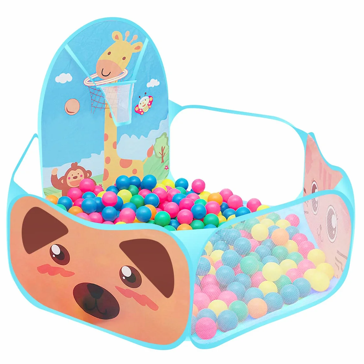 Tenda da gioco per bambini, automontante e pieghevole, con motivo stile cartone animati, con piscina per palline e canestro da basket per uso in ambienti interni ed esterni casetta per bambini