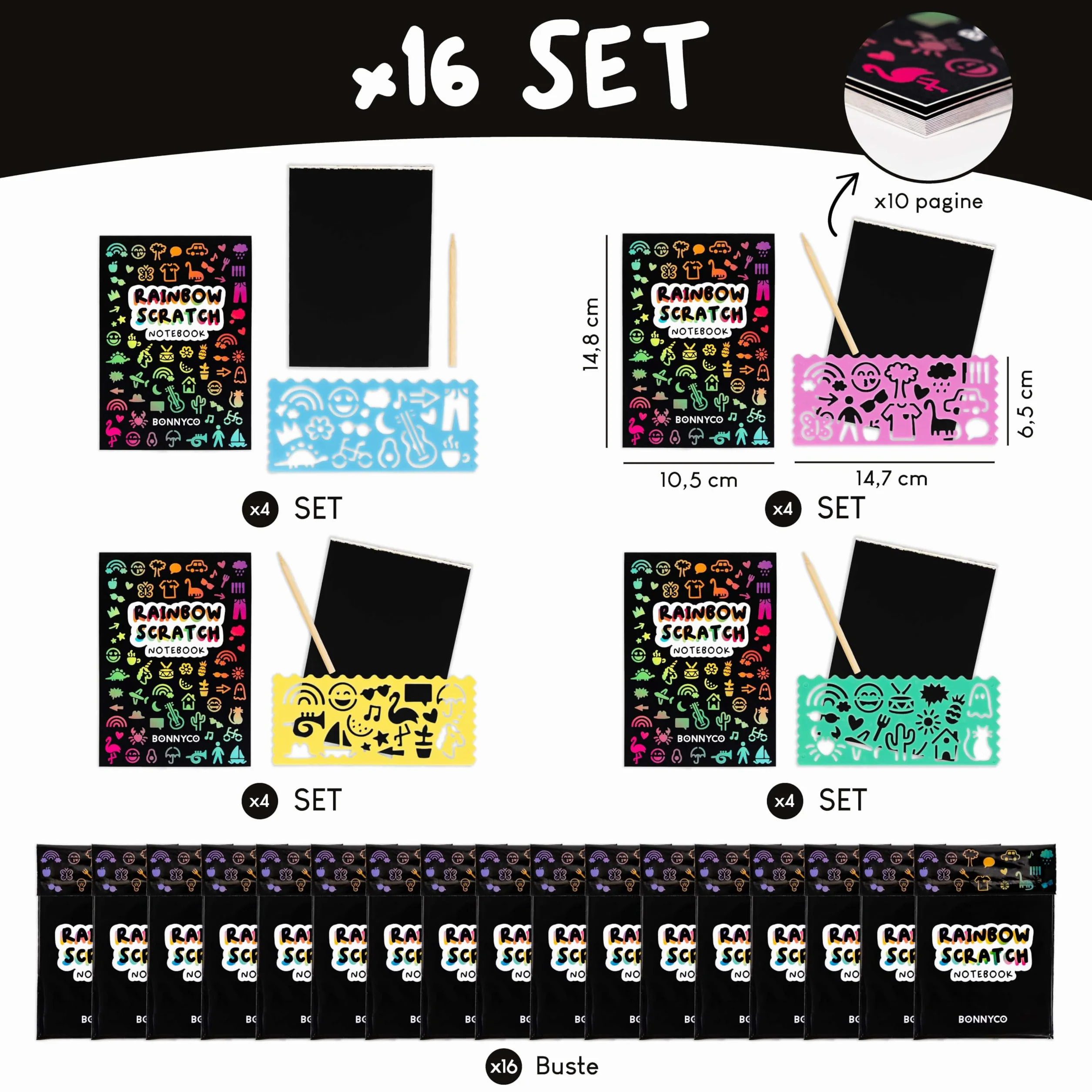 BONNYCO Scratch Art Bambini, 16 Set con Quaderno da Grattare, Stencil e Penna in Legno