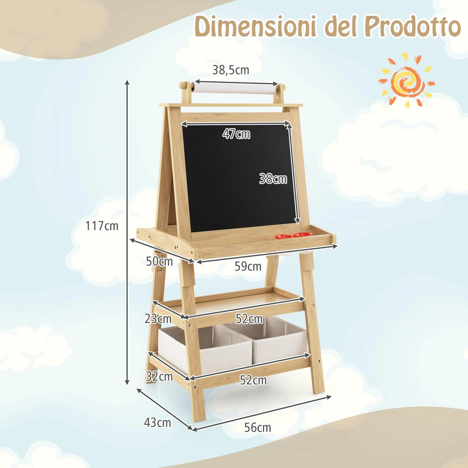 GYMAX Cavalletto per Bambini 3 in 1, Lavagna Magnetica Doppia Faccia, 59 x 50 x 117 cm