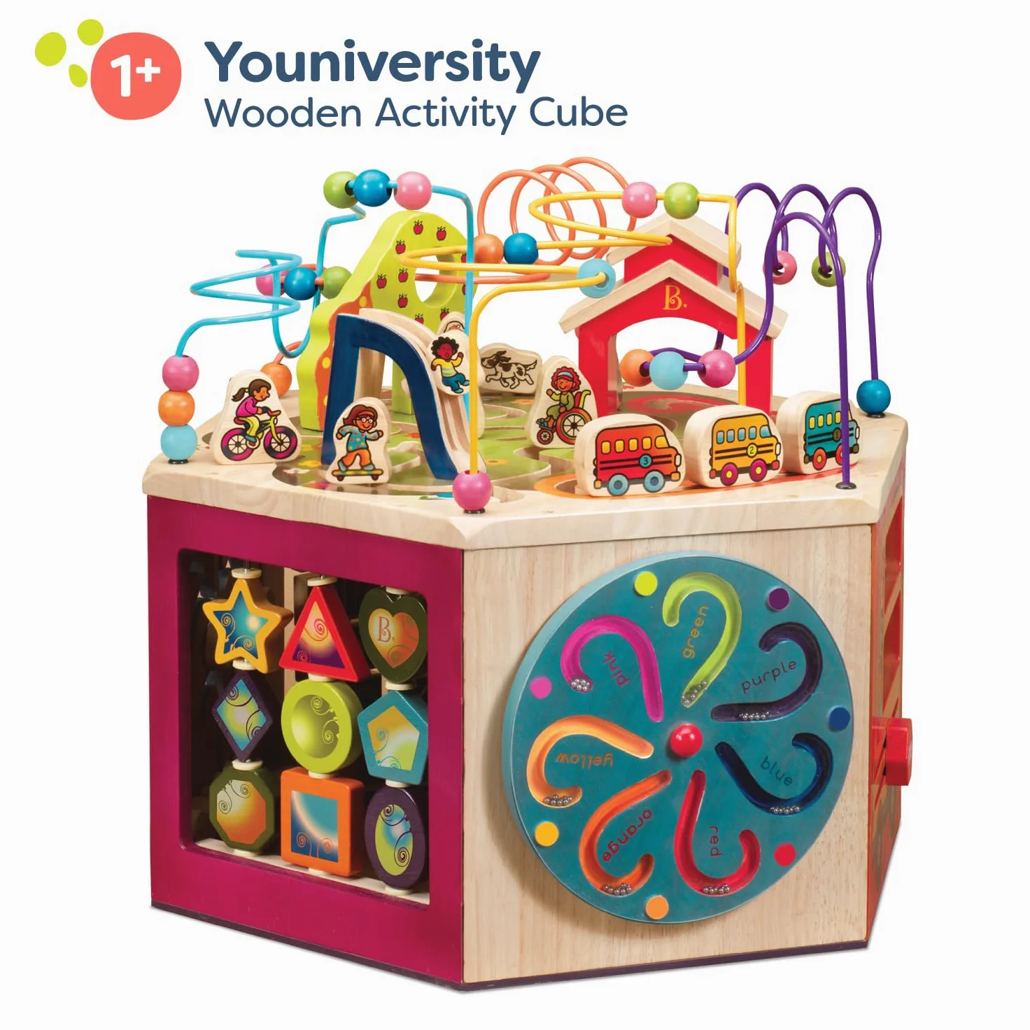 B. toys Youniversity, cubo attività in Legno con 6 Lati di Gioco | Centro attività con 6 lati di gioco, alfabeto, numeri, forme, perline e percorsi; struttura in legno massello; 1+ anni