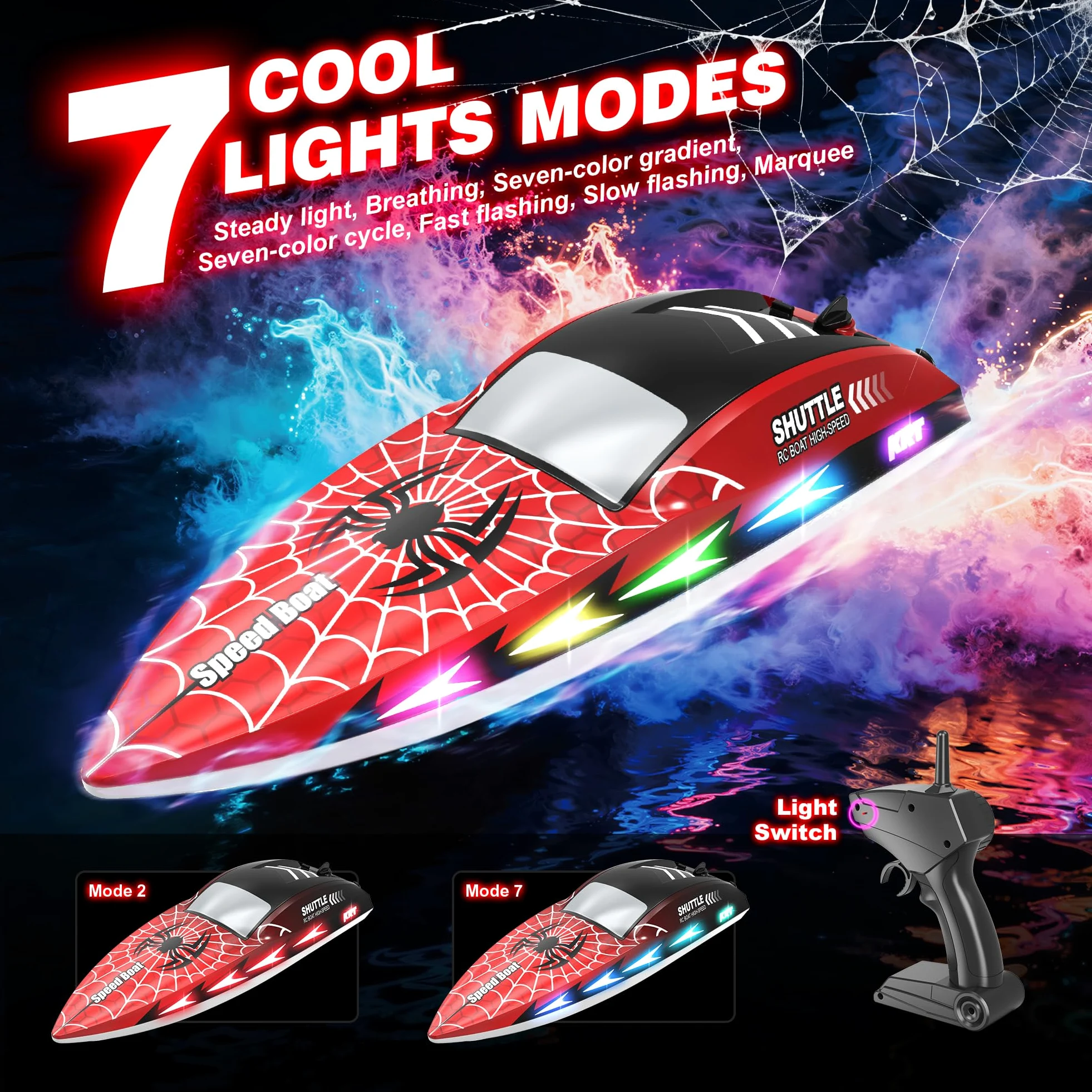 Barca telecomandata con 7 modalità di illuminazione, barca RC 20 km/h, con modalità One Click | Barche da corsa da 2,4 GHz con 2 batterie, 40 minuti di gioco, graffiti, piscine e laghi, regalo per bambini dai 8 anni in su