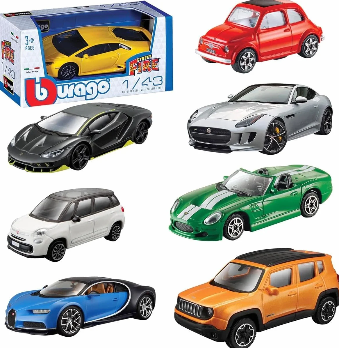 Bburago Street Fire – Set 12 Modellini Auto in Scala 1:43, Macchinine in Metallo Die-Cast, Modelli Assortiti da Collezione, Regalo per Bambini e Collezionisti