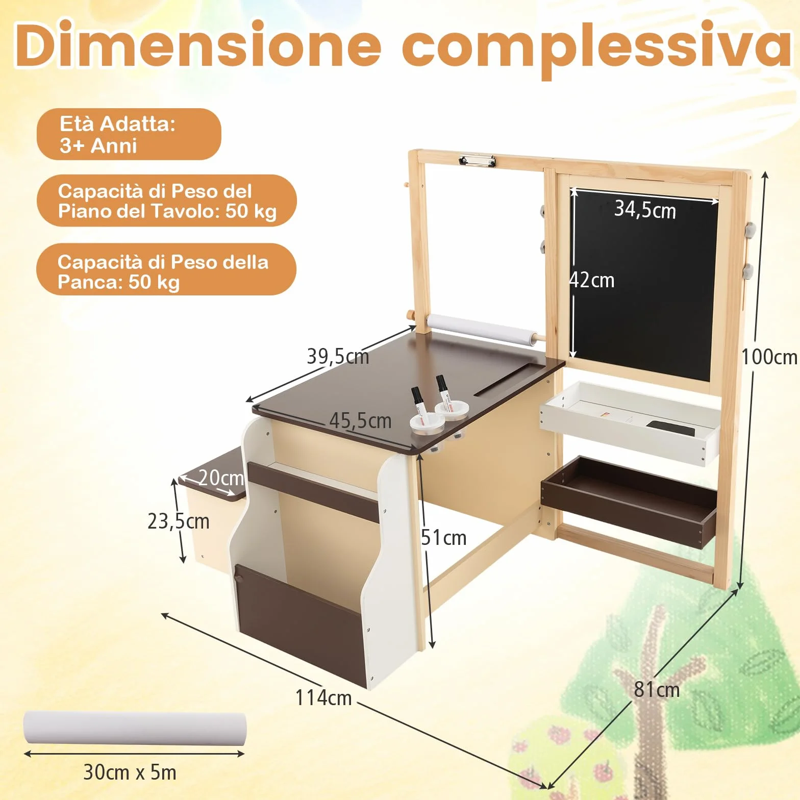 GYMAX Set di Cavalletto con Tavolo e Panca per Bambini, Scrivania Multifunzionale in Legno con Lavagna Bifacciale (Caffè)