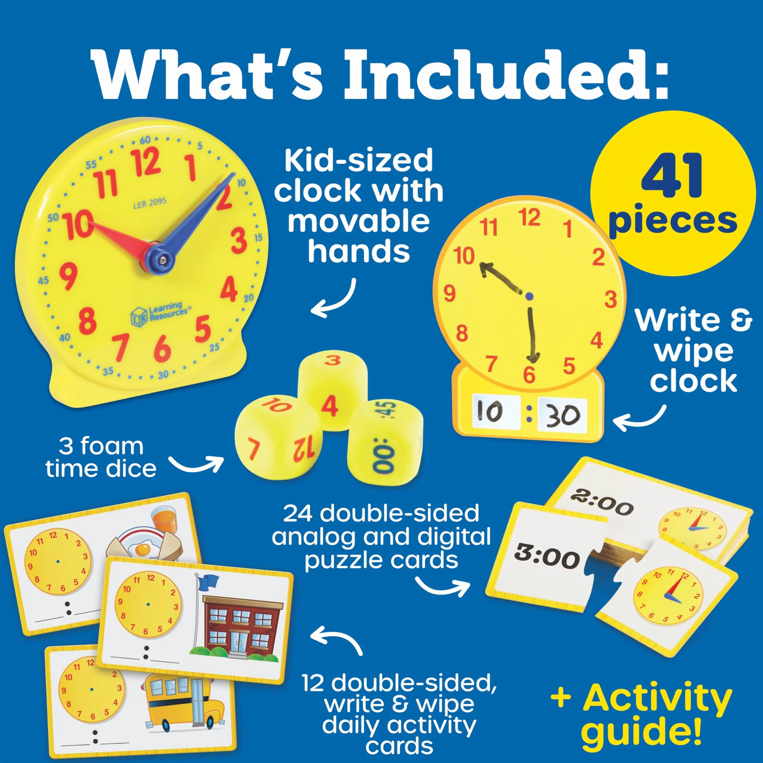 Learning Resources Set attività Sull’Ora – Gioco Educativo con 41 Pezzi per Bambini 5+, Impara a Leggere l’Orologio Analogico e Digitale con Carte e Orologi Didattici