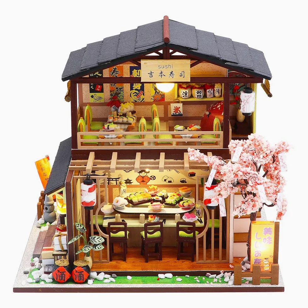 Spilay DIY Dollhouse Miniature with Wooden Furniture,Handmade Japanese Style Home Craft Model Mini Kit with Cover&LED,1:24.