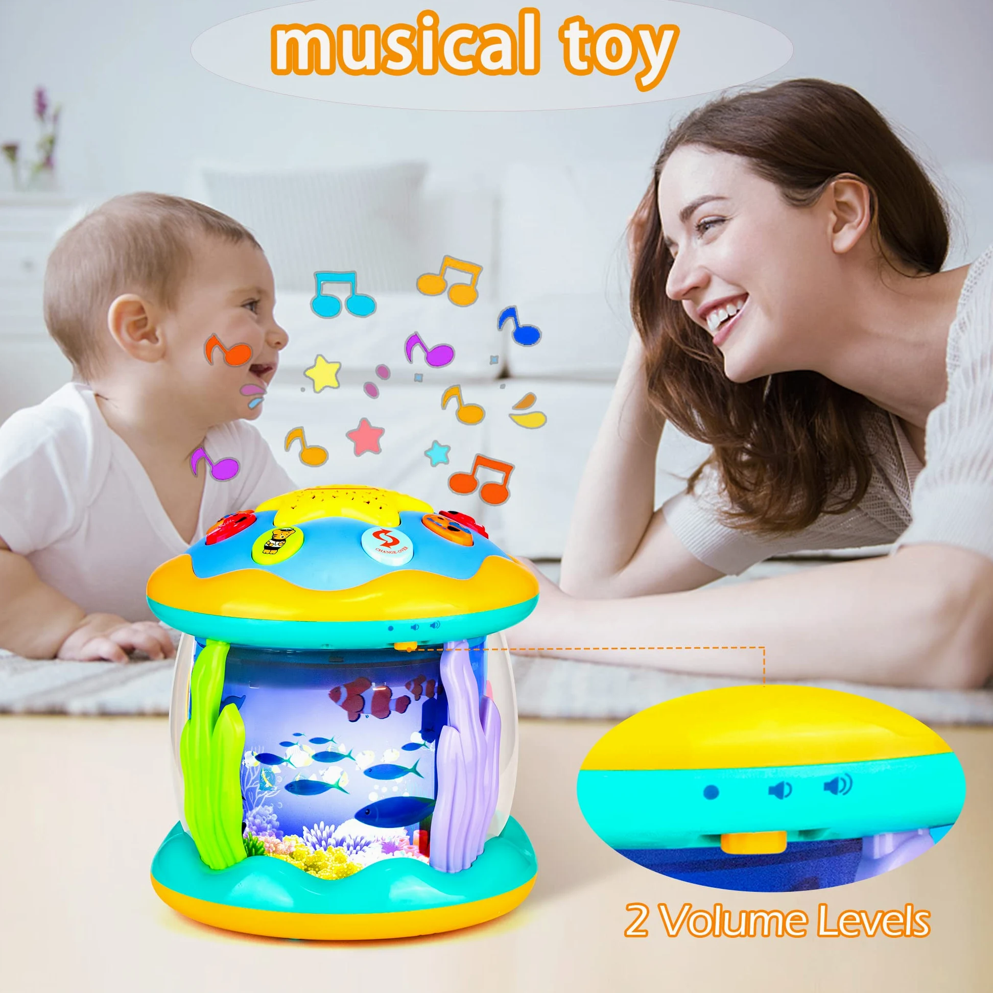 Giocattoli per bambini da 6 a 12 mesi, giocattoli musicali con luce per la pancia, giocattoli per bambini da 3 a 6 7 8 9 12 18 mesi, giocattoli per gattonare, proiettore oceano rotante