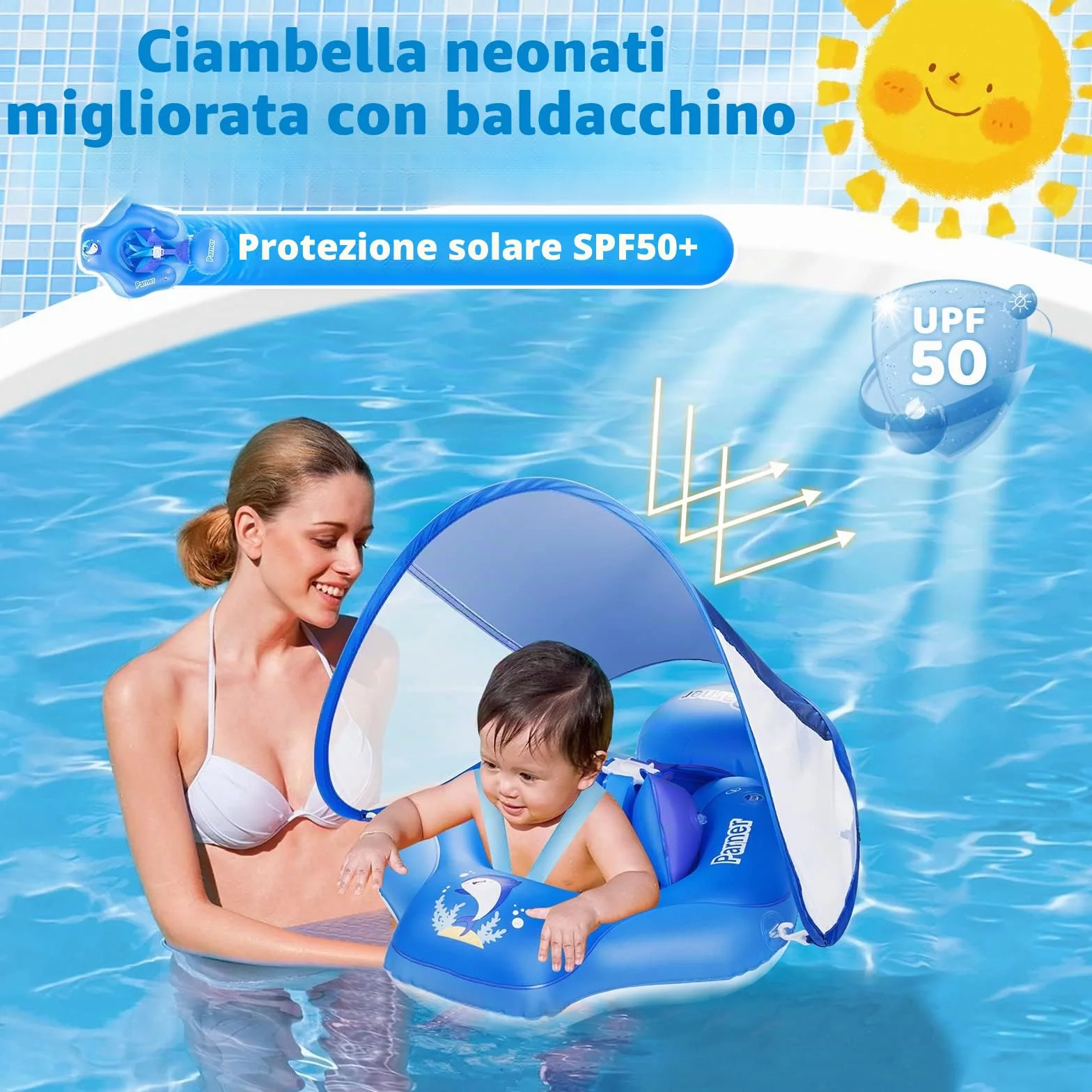 Parner Anello galleggiante per neonato con tettuccio parasole UPF50+, aiuto per il nuoto per la piscina, salvagente neonato con parasole, sedile di sicurezza regolabile, per bambini da 3 a 36 mesi