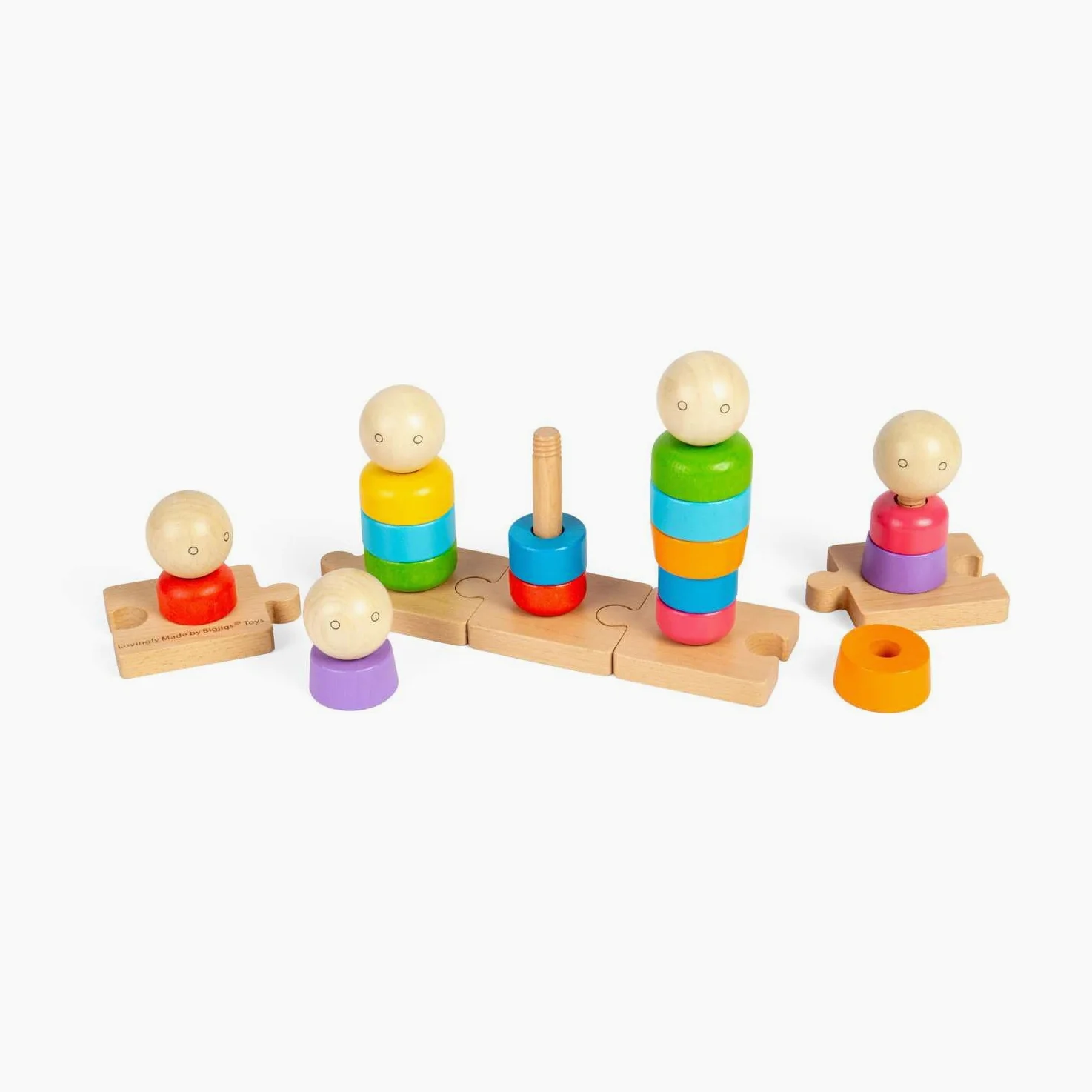 Bigjigs Toys Rainbow Family, 25 giocattoli montessori impilabili in legno, attività educativa per l'apprendimento precoce, regali ecologici per neonati e bambini, età 12+ mesi