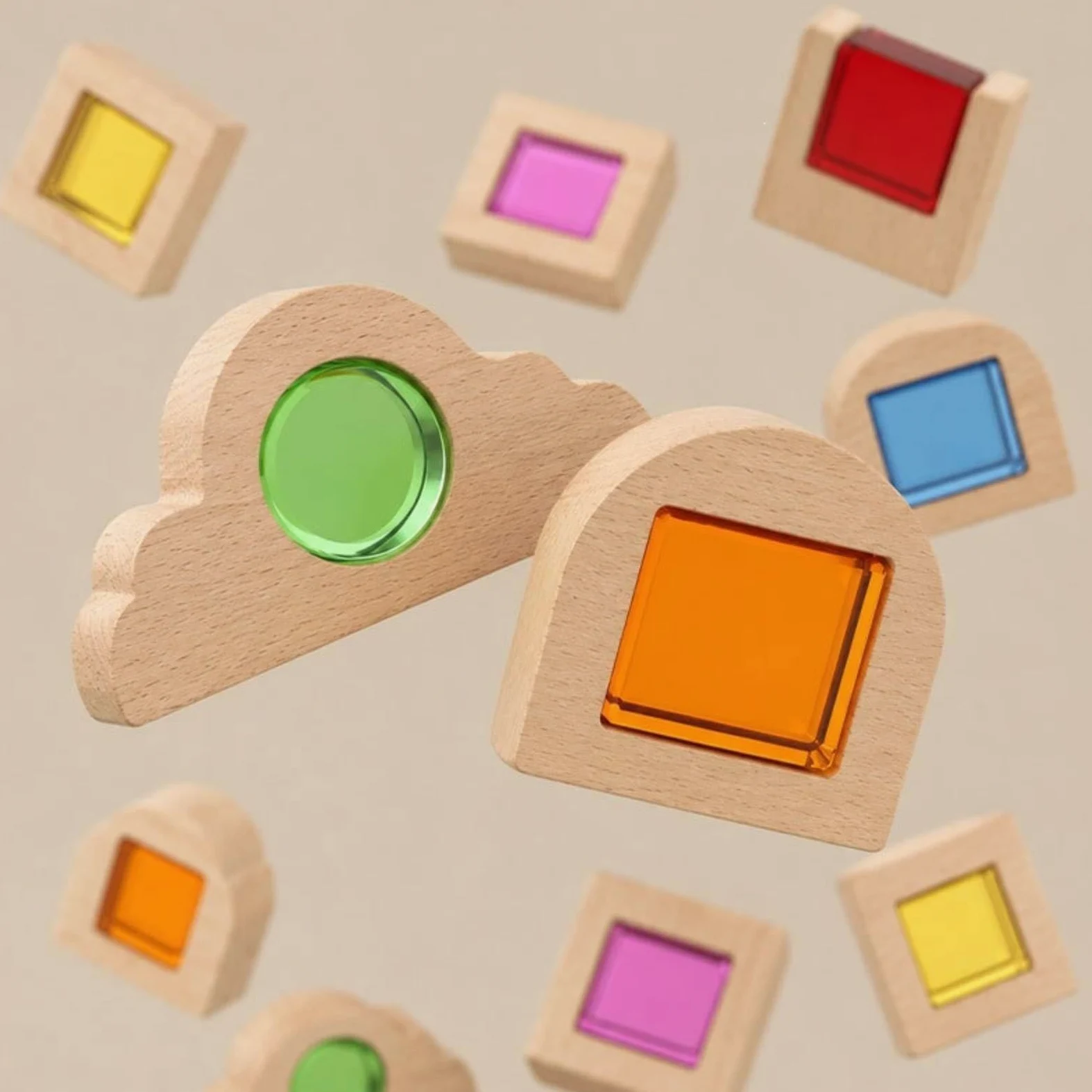Blocchi da Costruzione Bambini Set Gioco Educativo Creativo Sensoriale Mattoncini Geometrici Pezzi Impilabili Inserti Colorati Legno Faggio E Acrilico