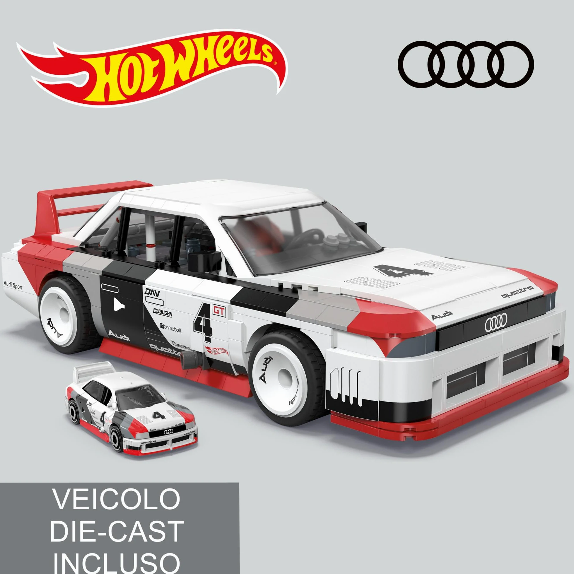 MEGA Hot Wheels - Audi 90 Quattro IMSA GTO, macchina da costruire con 973 pezzi e mini veicolo die-cast incluso, set per collezionisti da esporre, 18+ anni, HRY20
