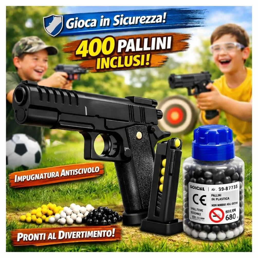 Pistola a sfera per bambini 22 cm con 400 sfere – Gioco di tiro