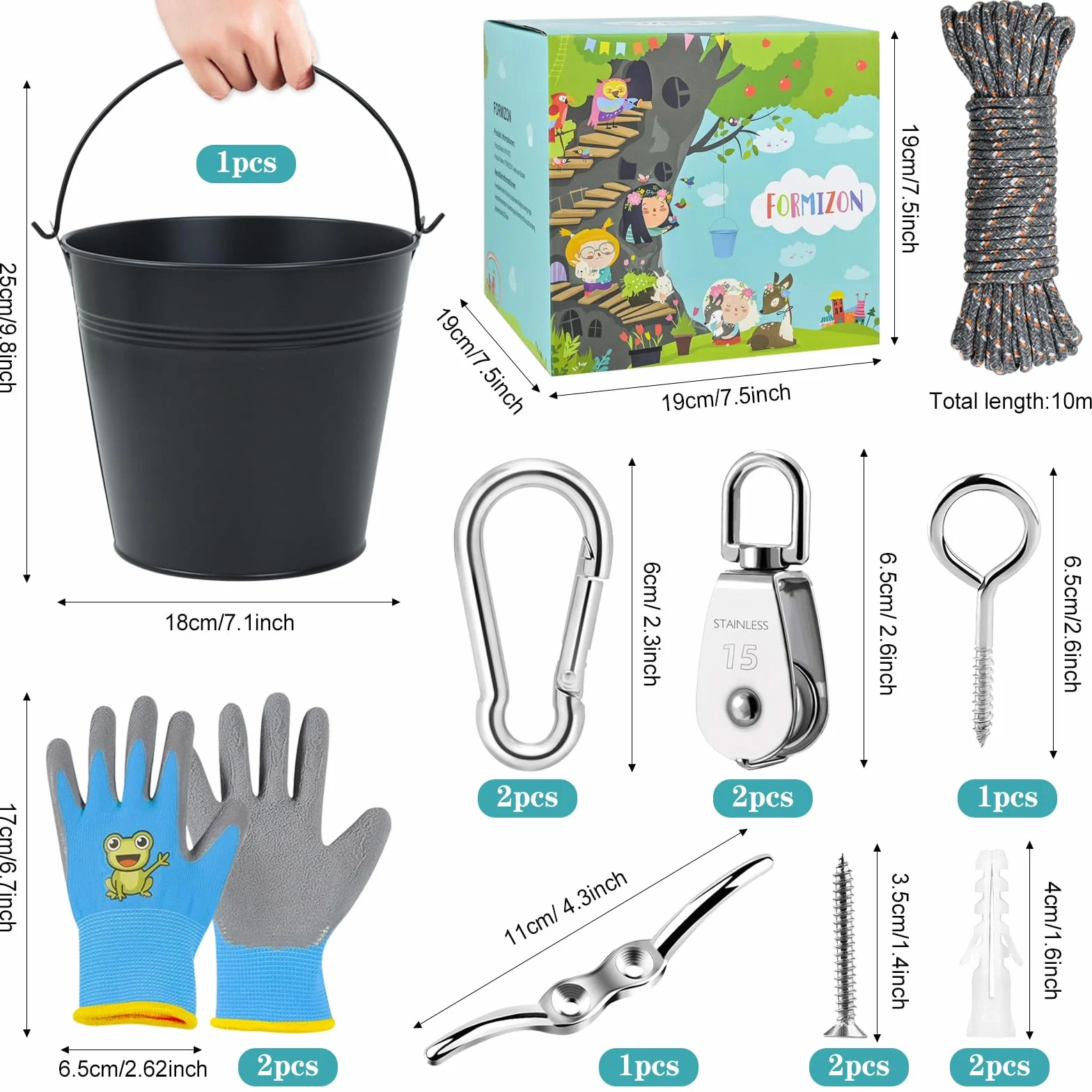 FORMIZON Puleggia per bambini, puleggia con secchio in metallo, sistema puleggia per bambini e secchio pieghevole, accessori per capanna in alberi e torre di gioco, giocattoli da giardino per bambini