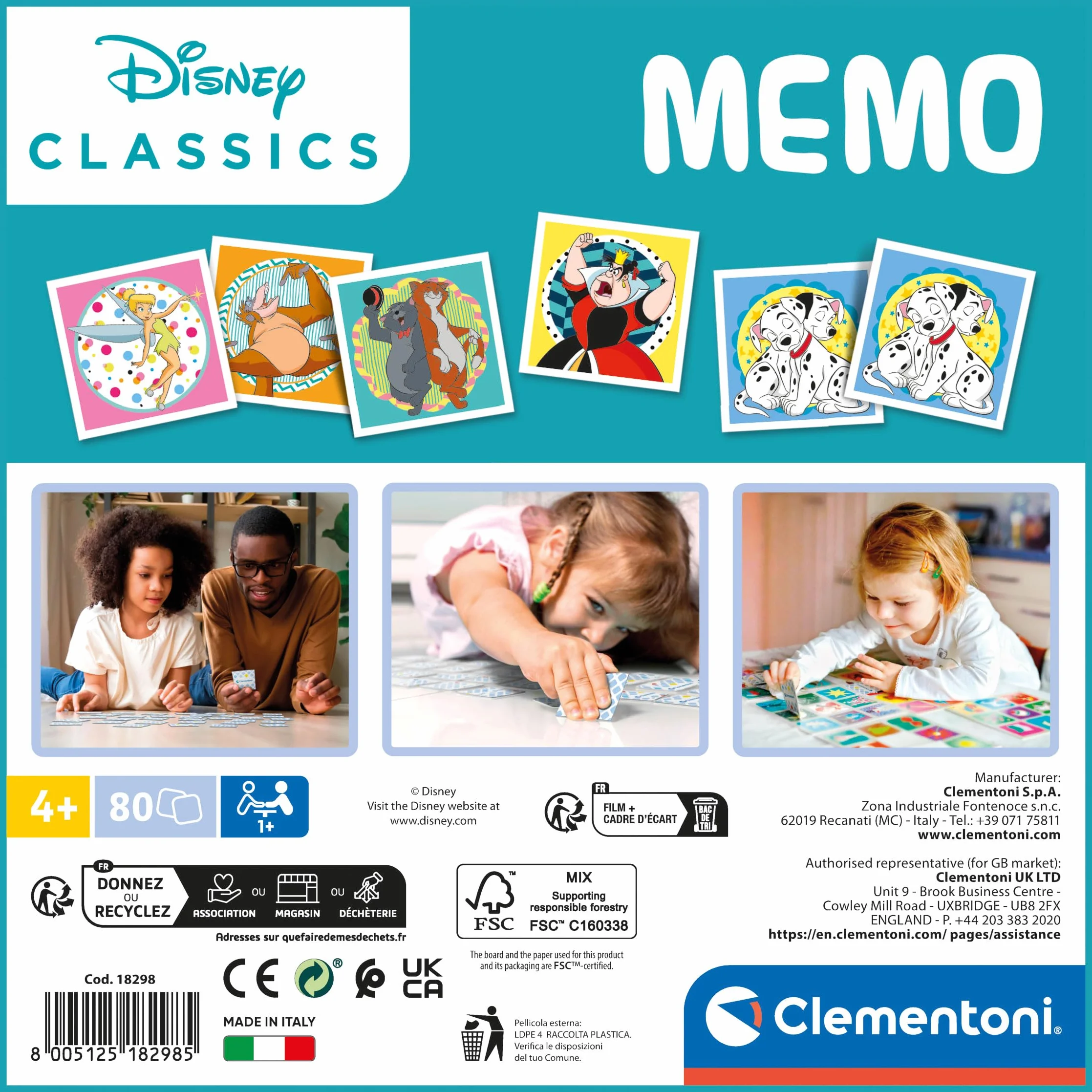 Clementoni - 18298 - Memo Disney Classics - Gioco Di Memoria E Associazione, Carte Da Accoppiare, Gioco Educativo Bambini 4 Anni, Gioco Di Carte, Gioco Da Tavolo Bambini, Made In Italy