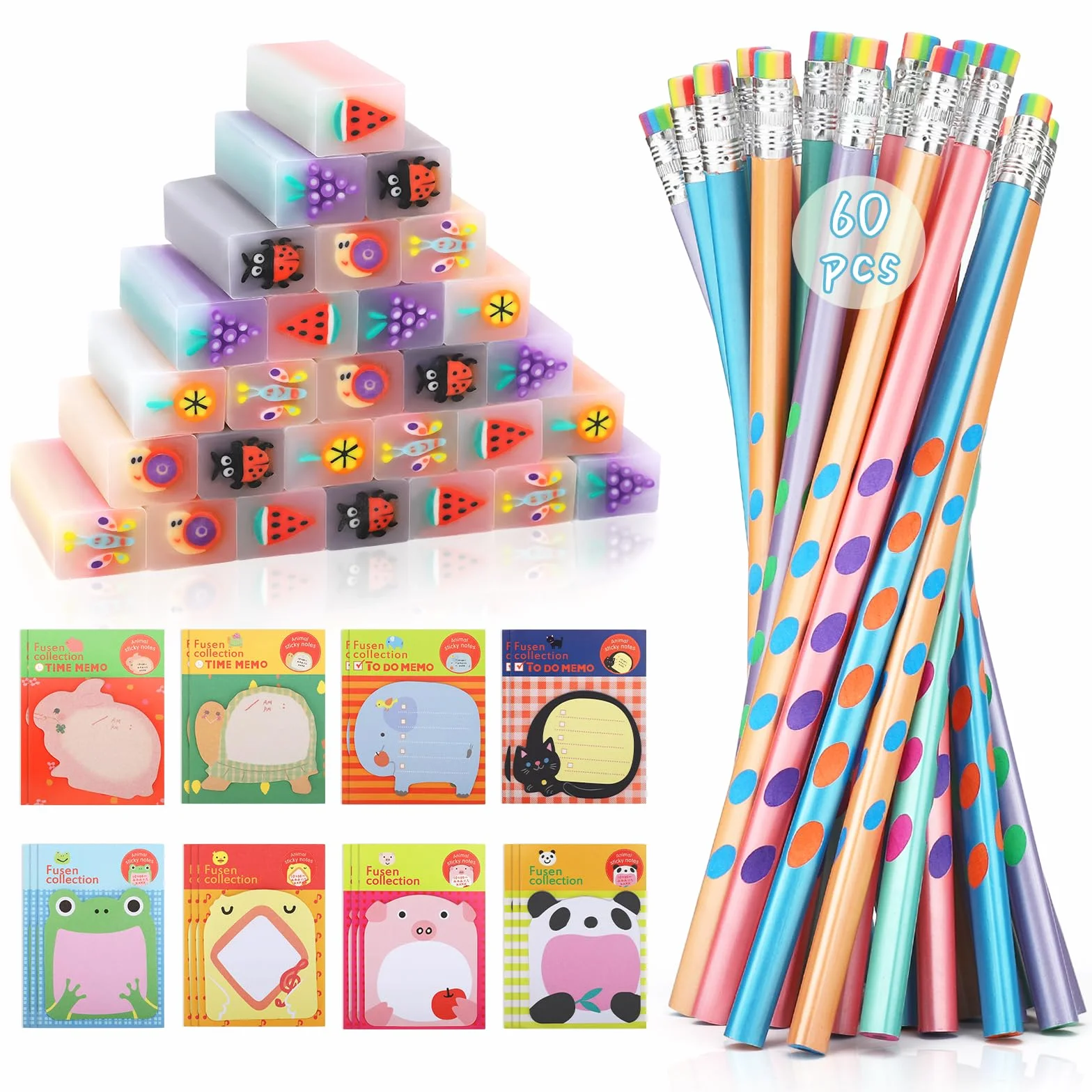 SKAMORI 60 Pezzi Matite con Gomma Gadget Compleanno Bambini, 20 Matite Bambini, 20 Gomme da Cancellare Divertenti e 20 Foglietti Adesivi, Regalini Fine Festa Compleanno Invitati