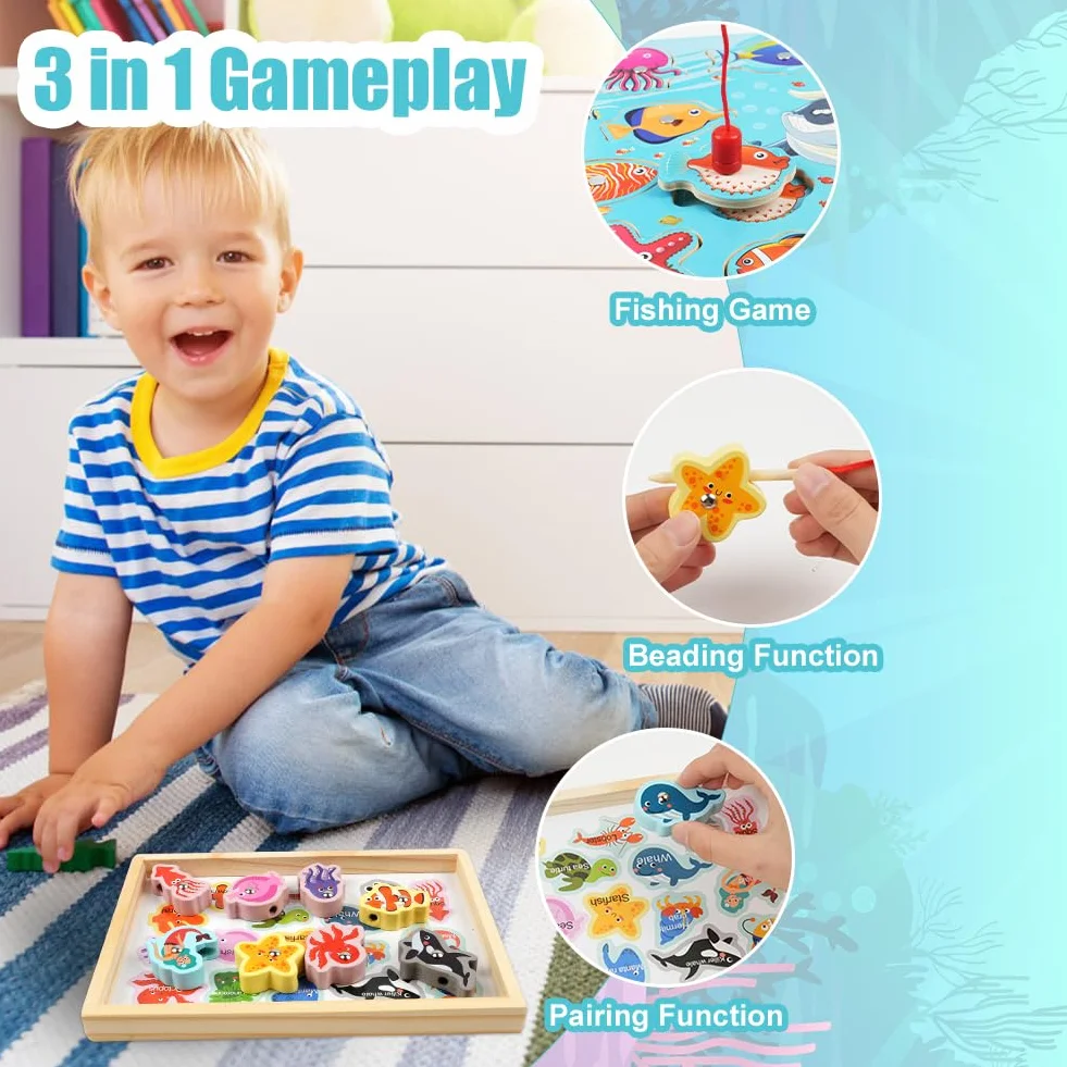 Vicloon Giochi di Pesca Magnetici in Legno 3 in 1 per Bambini Montessori Educativo Regalo 3-5 Anni