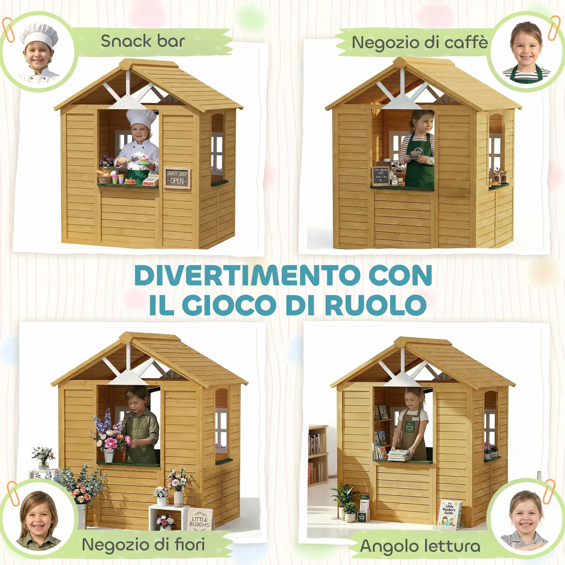 AIYAPLAY Casetta da Giardino per Bambini in Legno di Abete, Casetta per Bambini da Esterno con 3 Finestre, 2 Fioriere, Porta e Tetto, per Bimbi 3-8 Anni, Interno ed Esterno, 134.5x97x150 cm, Marrone