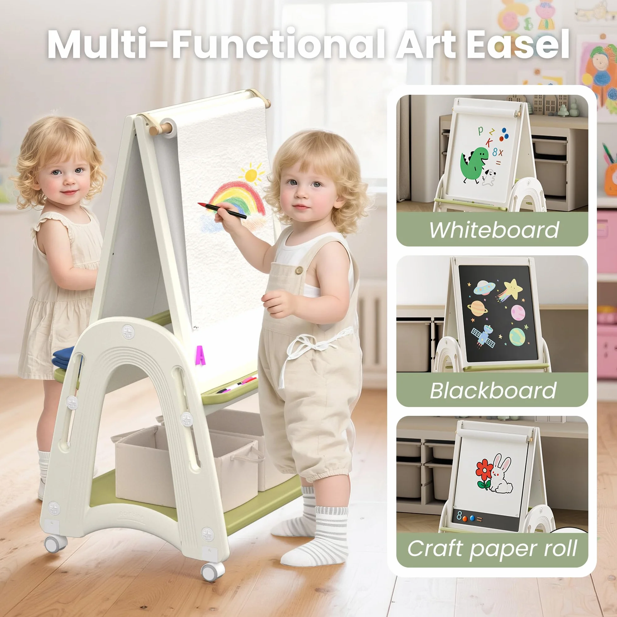 Lavagna per Bambini 3 in 1 Cavalletto con Rotolo Carta Doppia Lato Bianco e Nero Altezza Regolabile Verde
