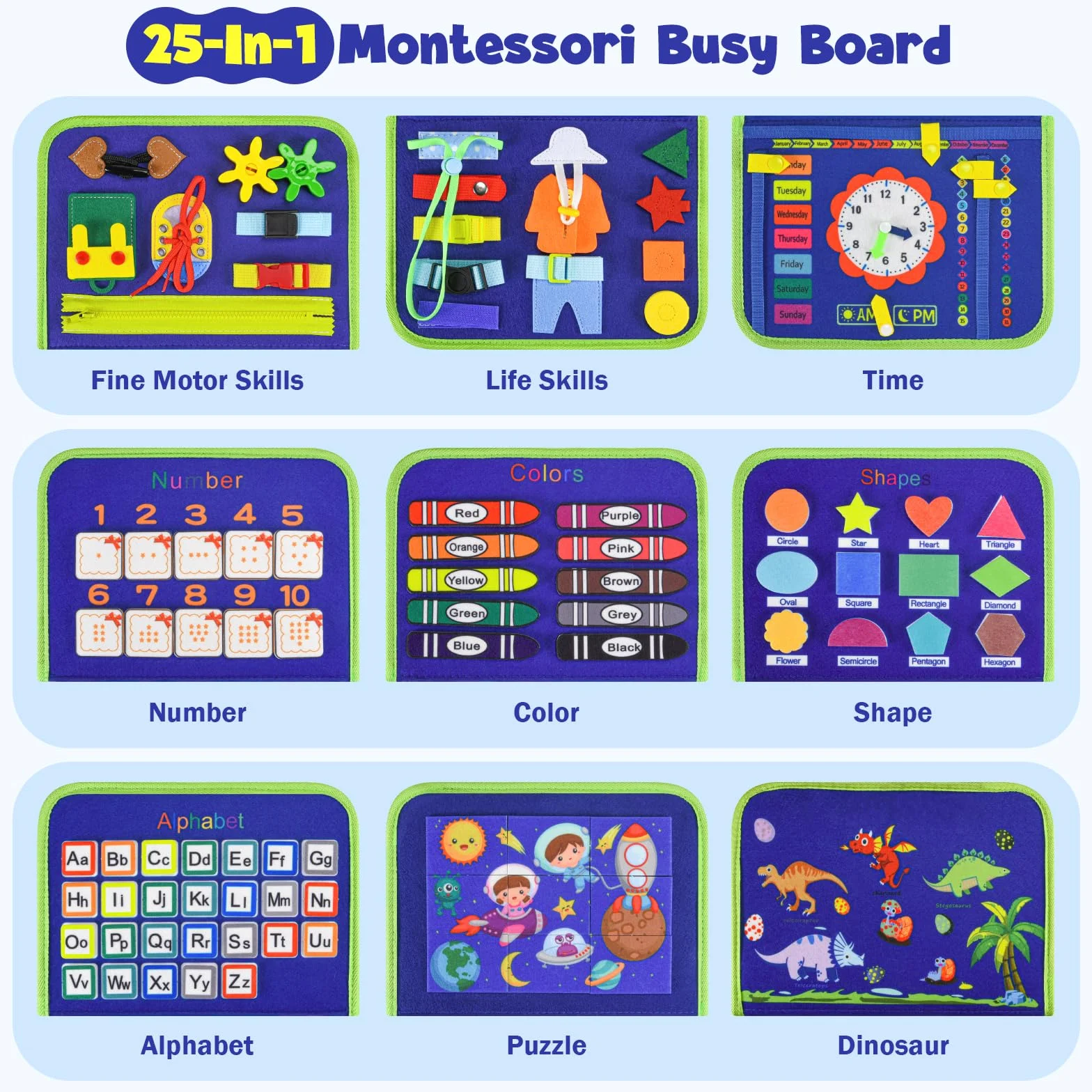 Asten Busy Board Giocattoli Montessori, Libri Busy per Bambini Piccoli, Tavola Sensoriale Libro di Attività Educative Silenziose per Bambini Piccoli, Giocattoli da Viaggio per Bambini per Aereo Auto