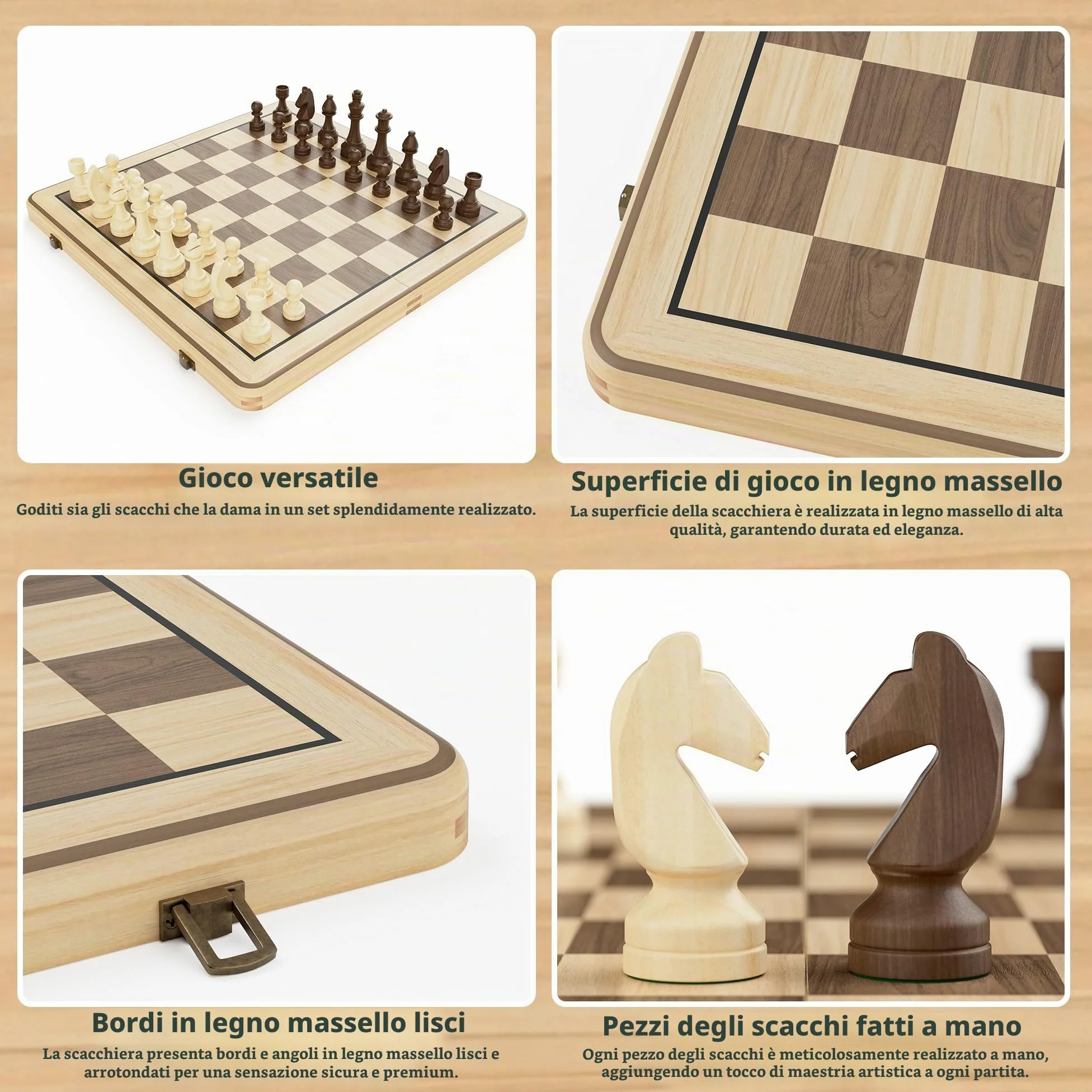 Set Scacchi e Dama 2 in 1 da 38cm - Scacchiera in Legno Pieghevole con Pezzi Staunton da 7,6cm e 2 Regine Extra - Gioco da Tavolo di Alta Qualità