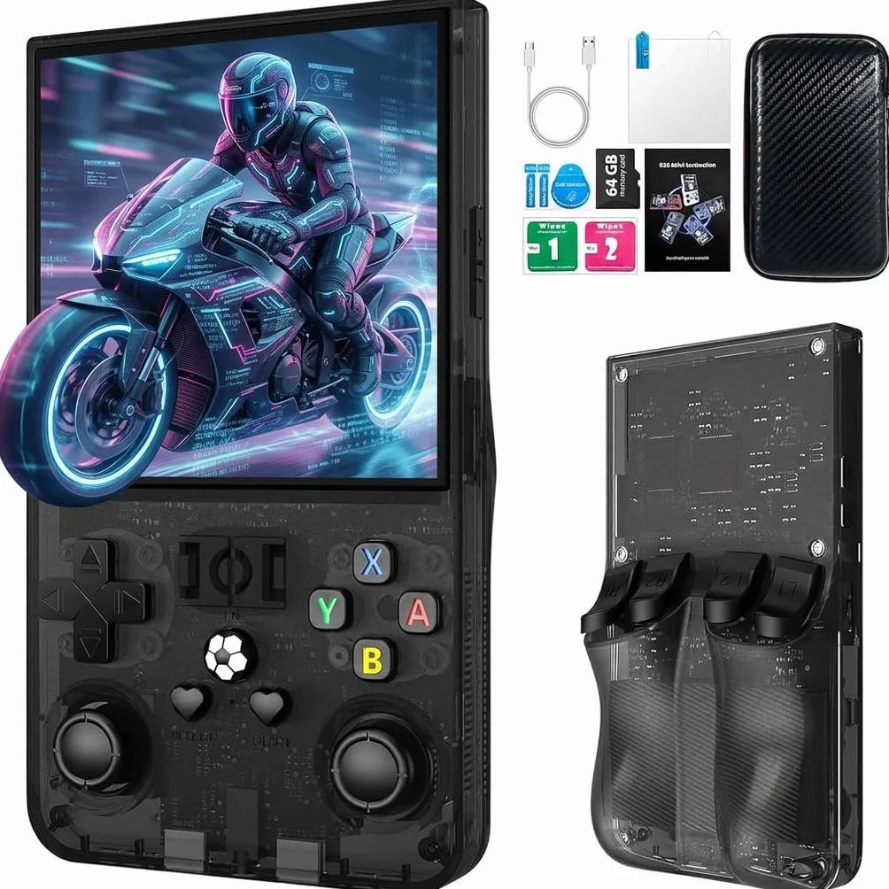 Console di Gioco Portatile Retrò R36MAX, Schermo IPS da 4 Pollici 720×720, Scheda TF da 128 GB, 22 000 Giochi Classici Integrati, Doppio Joystick Analogico, Batteria 4000 mAh, Nero