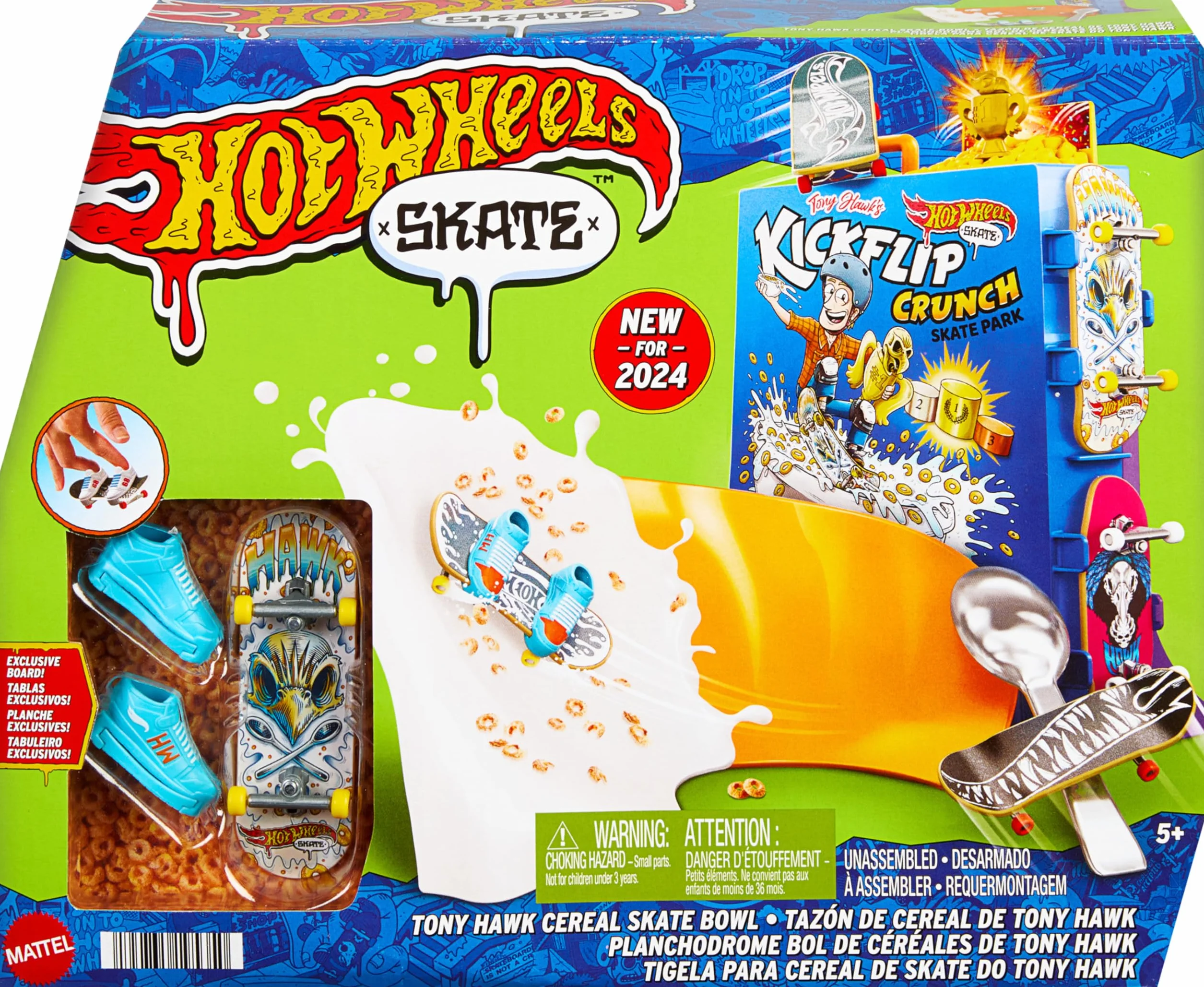 Hot Wheels Skate - Ciotola per Cereali da Skate di Tony Hawk, playset a tema cereali con 1 fingerboard e 1 paio di scarpine da skate removibili inclusi, giocattolo per bambini, 5+ anni, HTP09